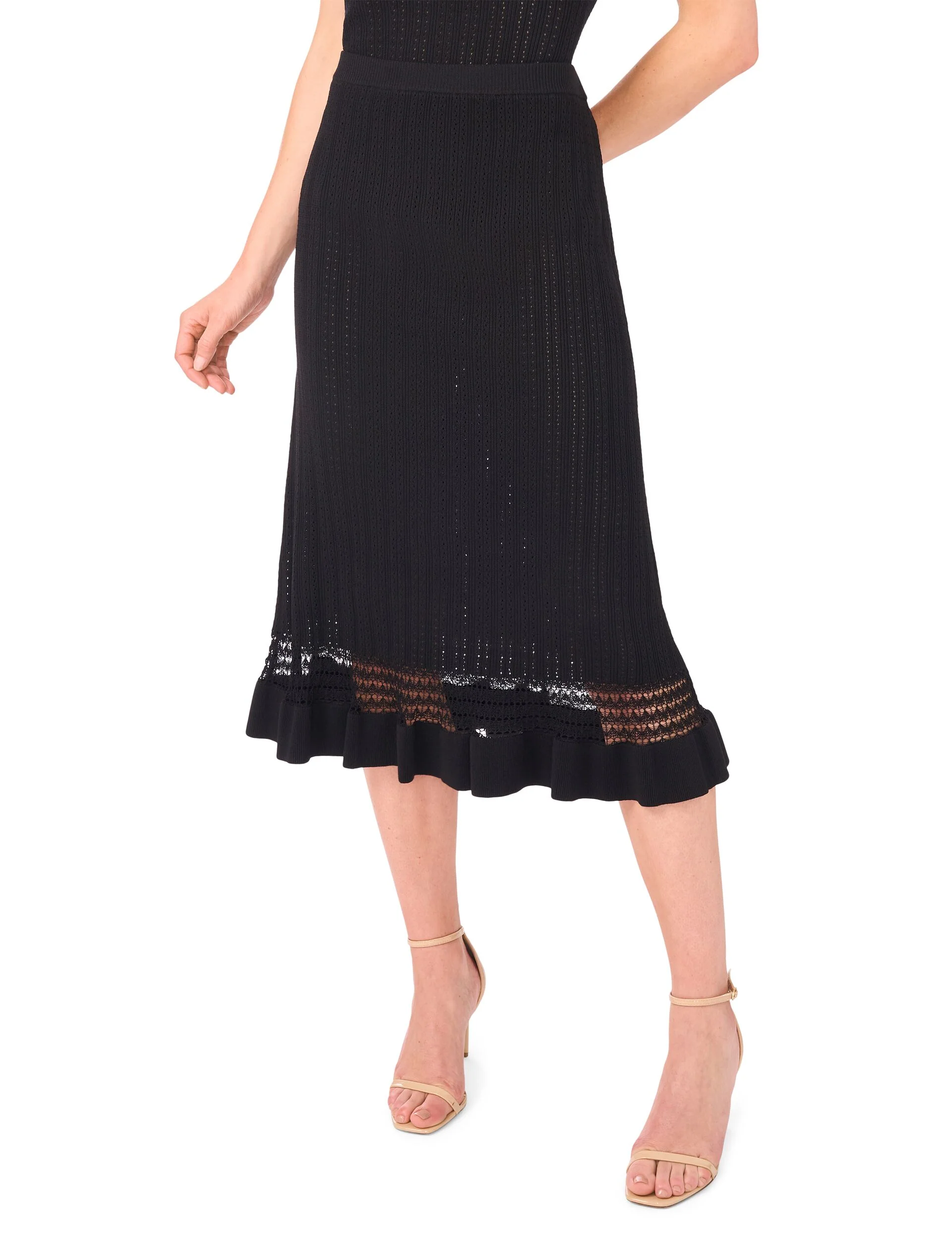 ABOVE KNEE FLARE SKIRT WITH POINTELLE & RIB | BLACK