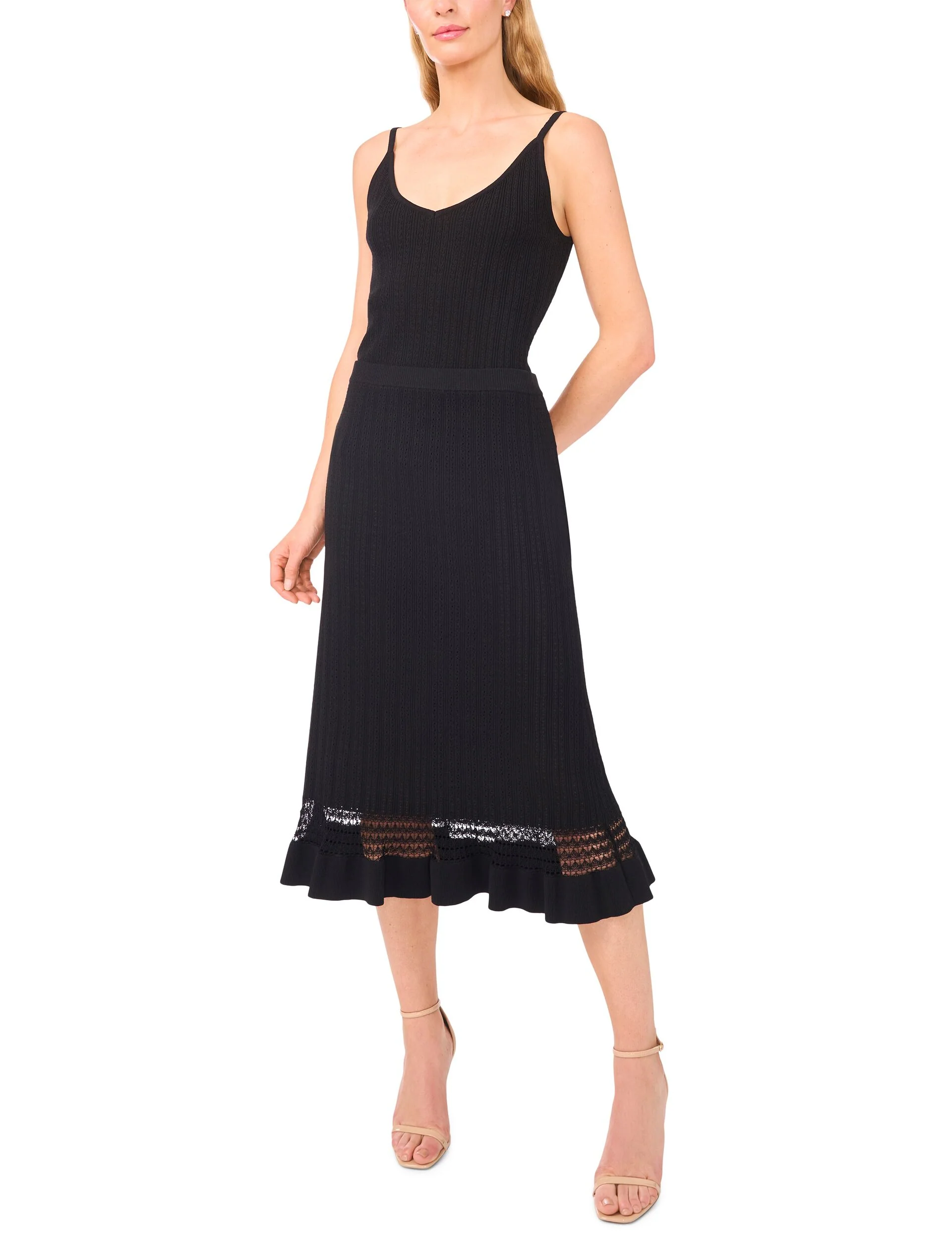 ABOVE KNEE FLARE SKIRT WITH POINTELLE & RIB | BLACK - Image 2