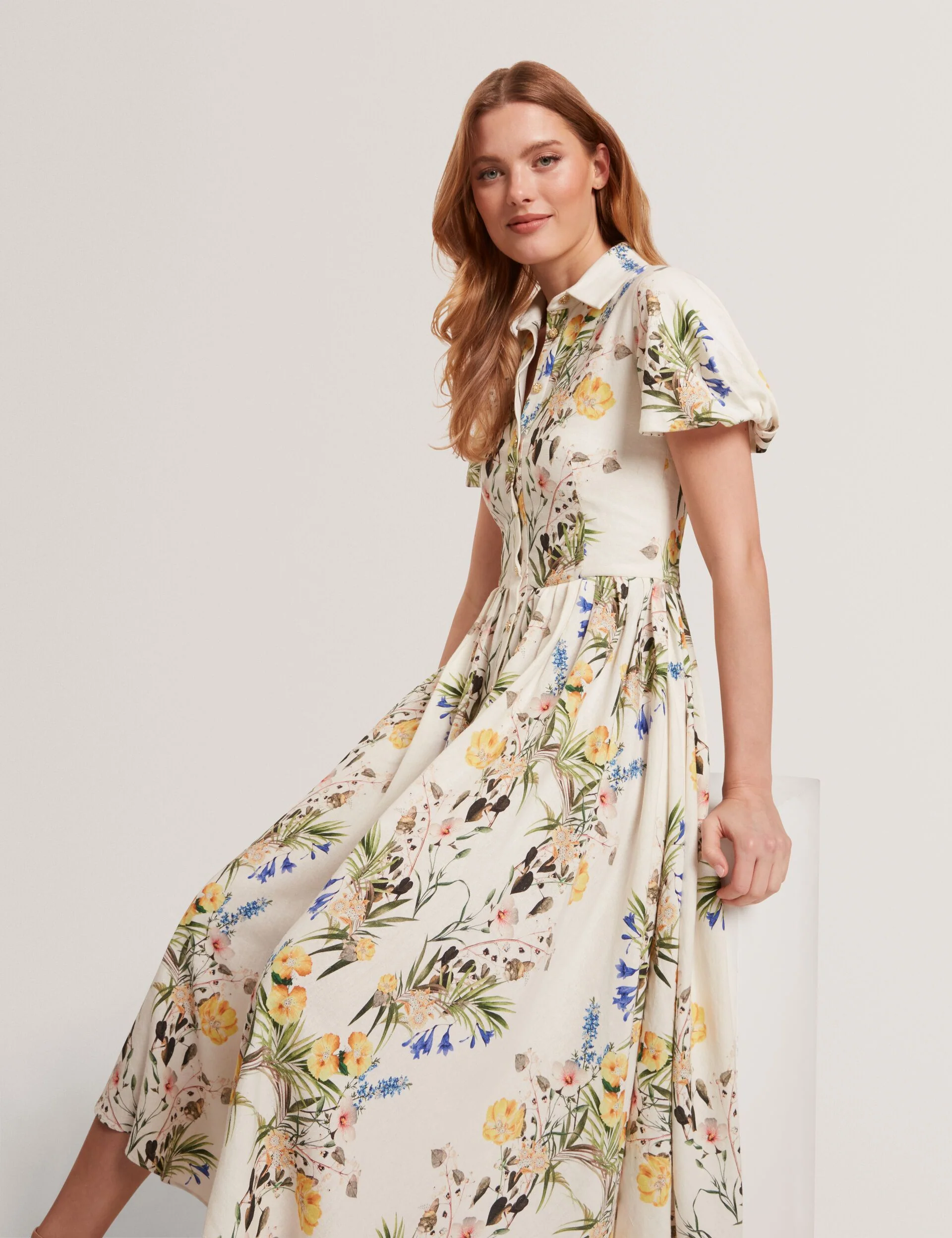 BALLOON SLEEVE BUTTON UP SHIRT DRESS | WHITE - Image 7
