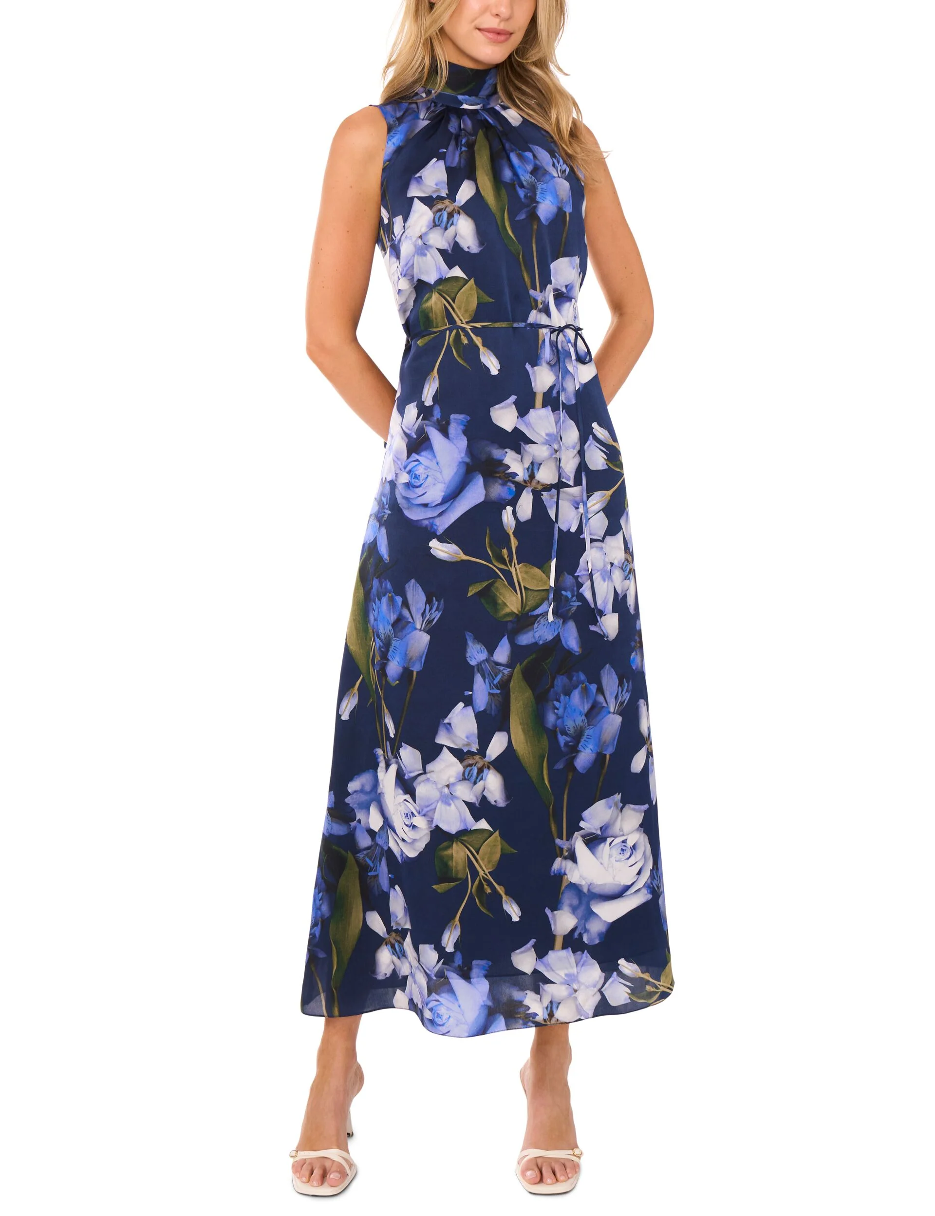 BOW TIE SLEEVELESS MAXI DRESS WITH SELF BELT | NAVY - Image 3