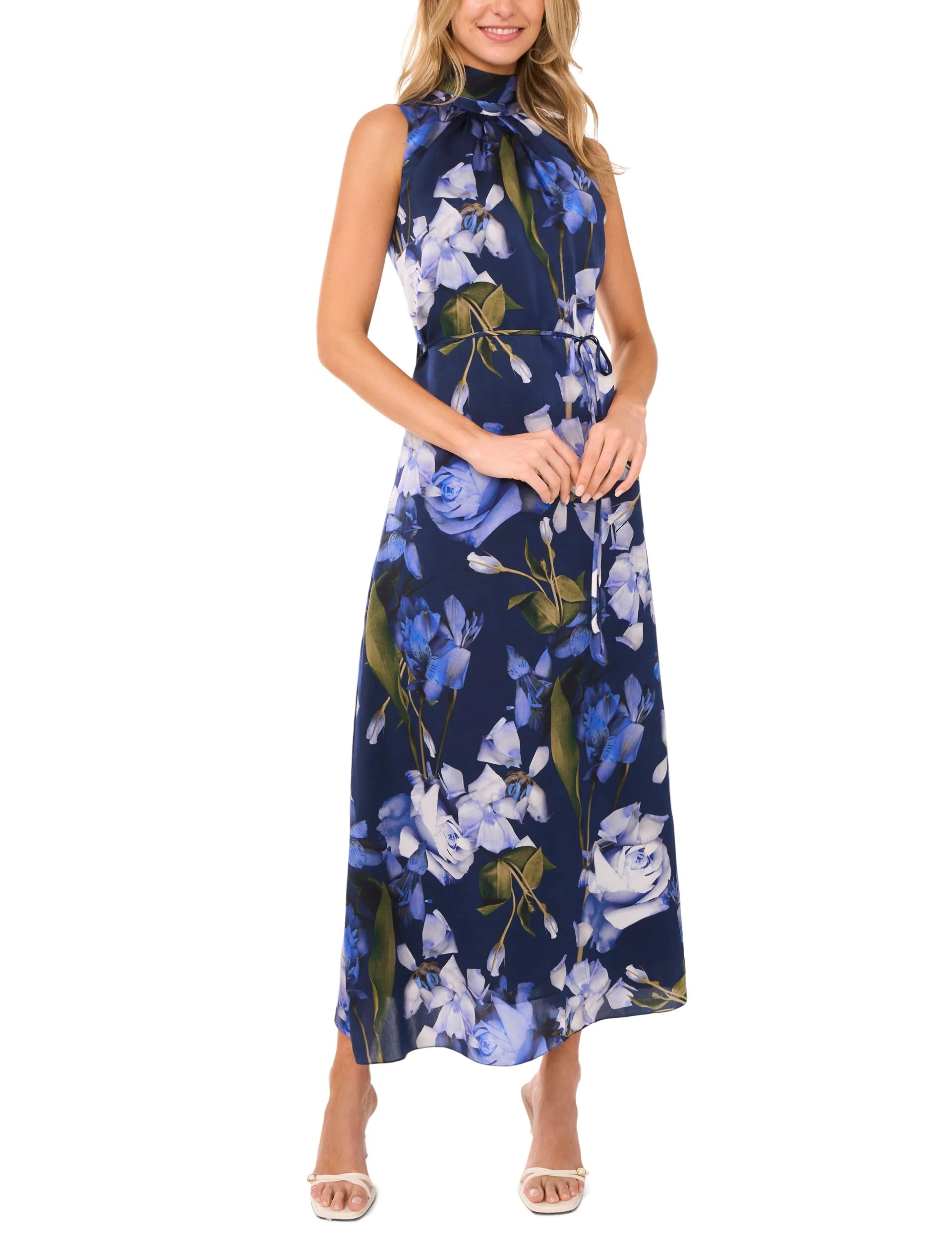 BOW TIE SLEEVELESS MAXI DRESS WITH SELF BELT | NAVY - Image 5