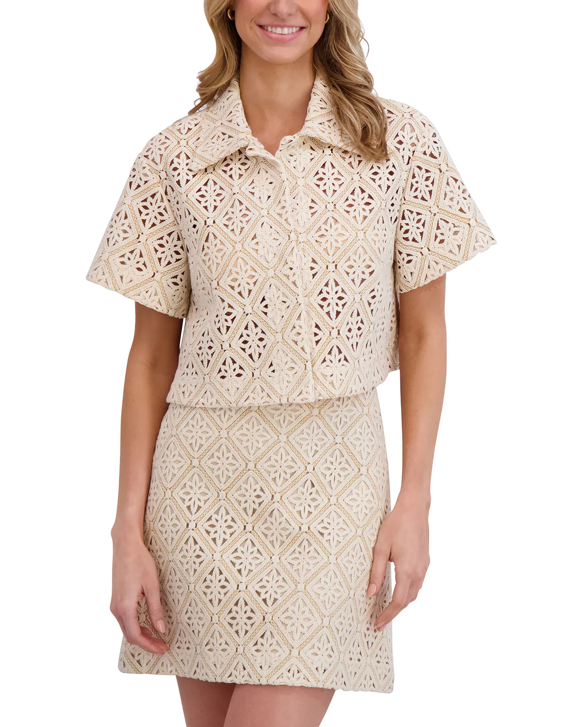 CROPPED SHORT SLEEVE CROCHET BLOUSE | TAUPE