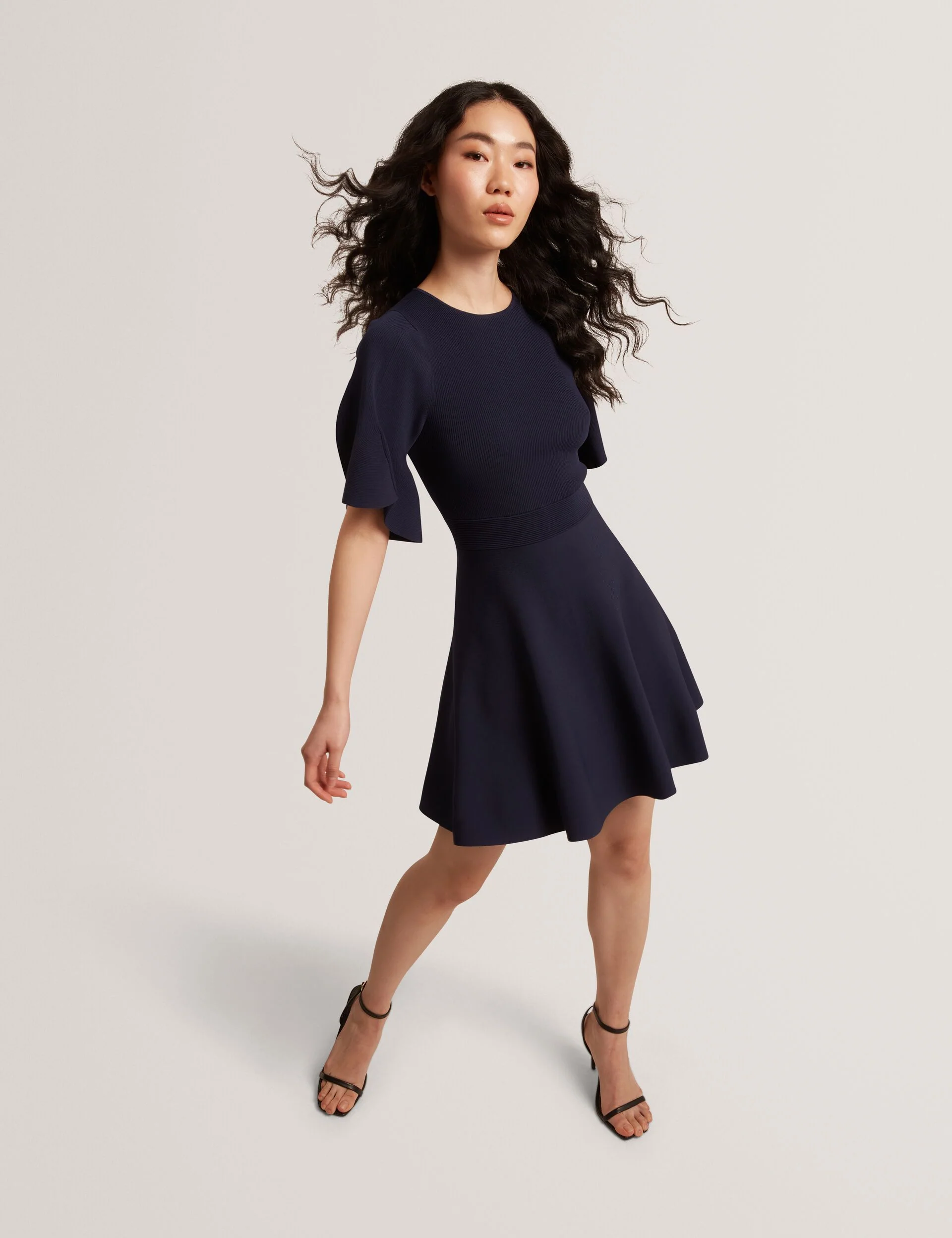 FLARE SHORT SLEEVE CREW NECK MINI DRESS | NAVY - Image 7