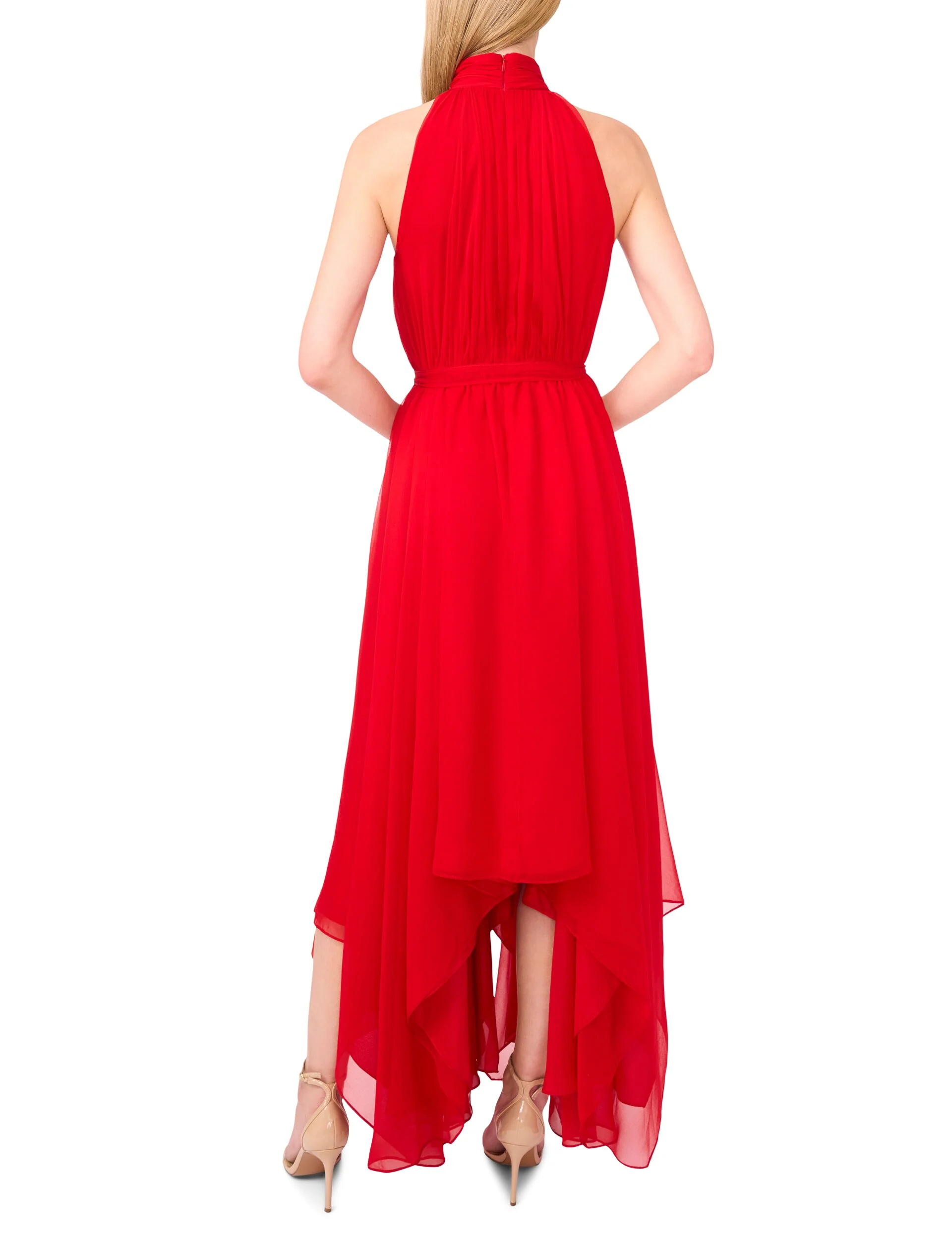 HALTER NECK HANKERCHIEF HEM MIDI DRESS | RED - Image 2