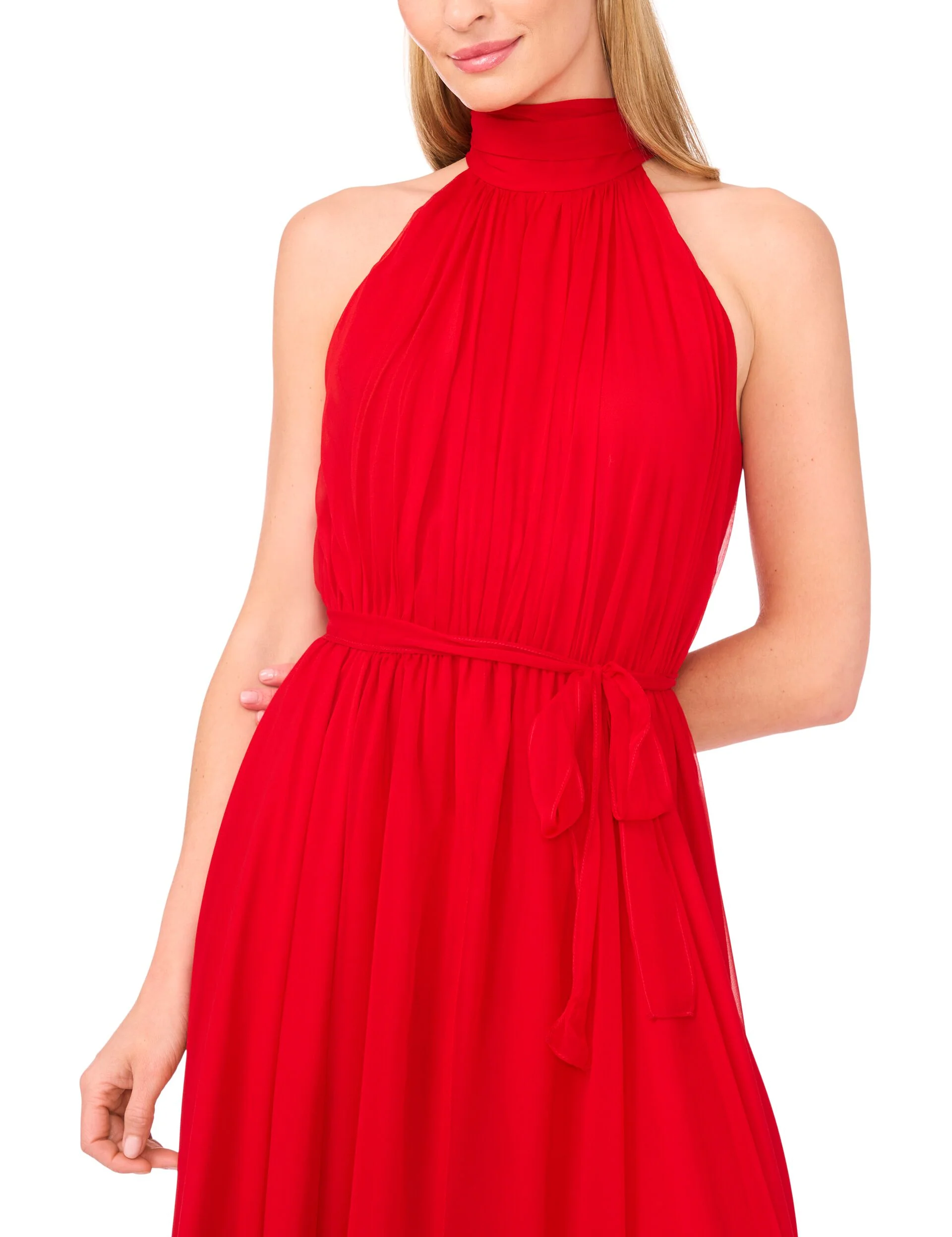 HALTER NECK HANKERCHIEF HEM MIDI DRESS | RED - Image 3