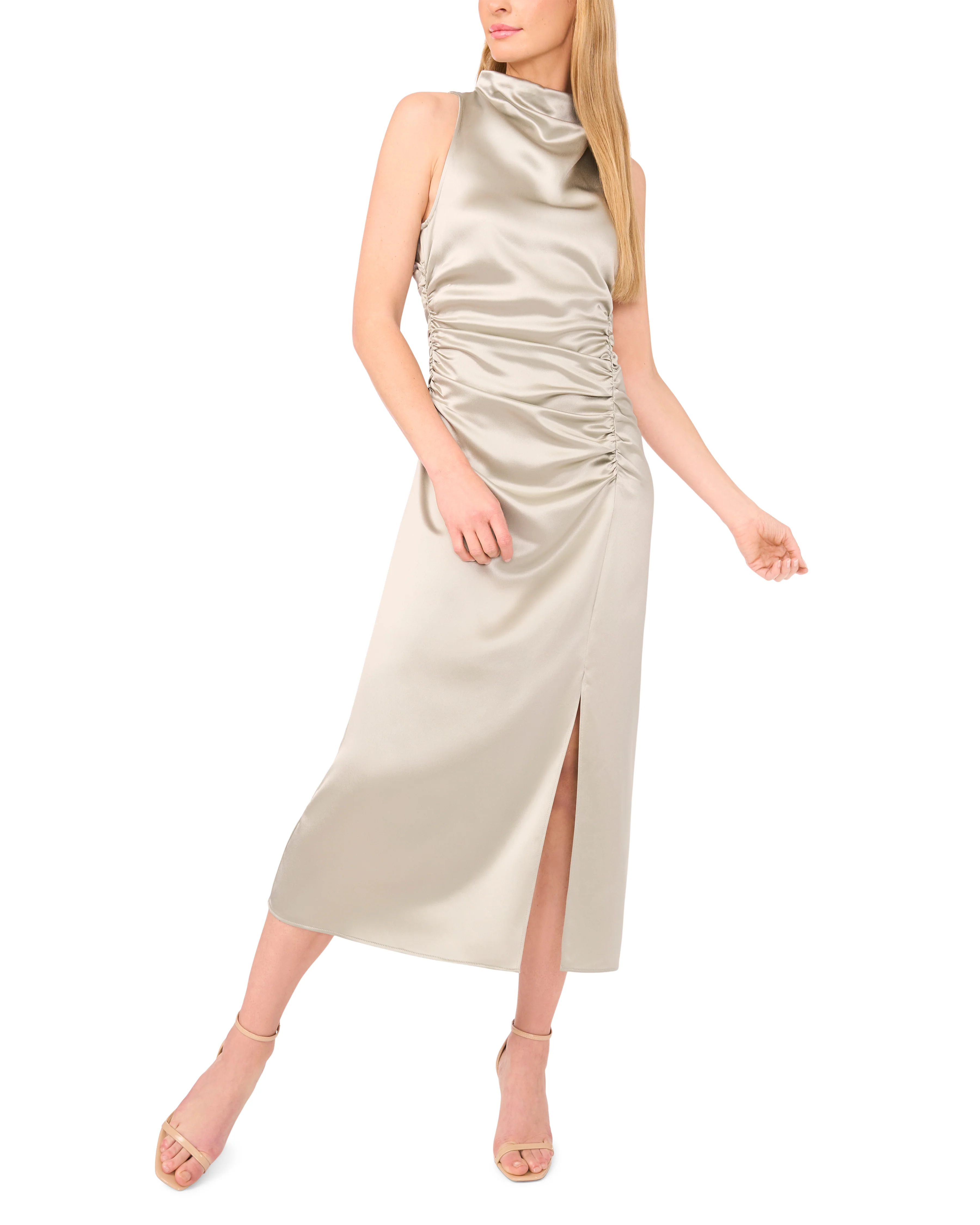COWL NECK MAXI DRESS WITH RUCHED SIDES | KHAKI