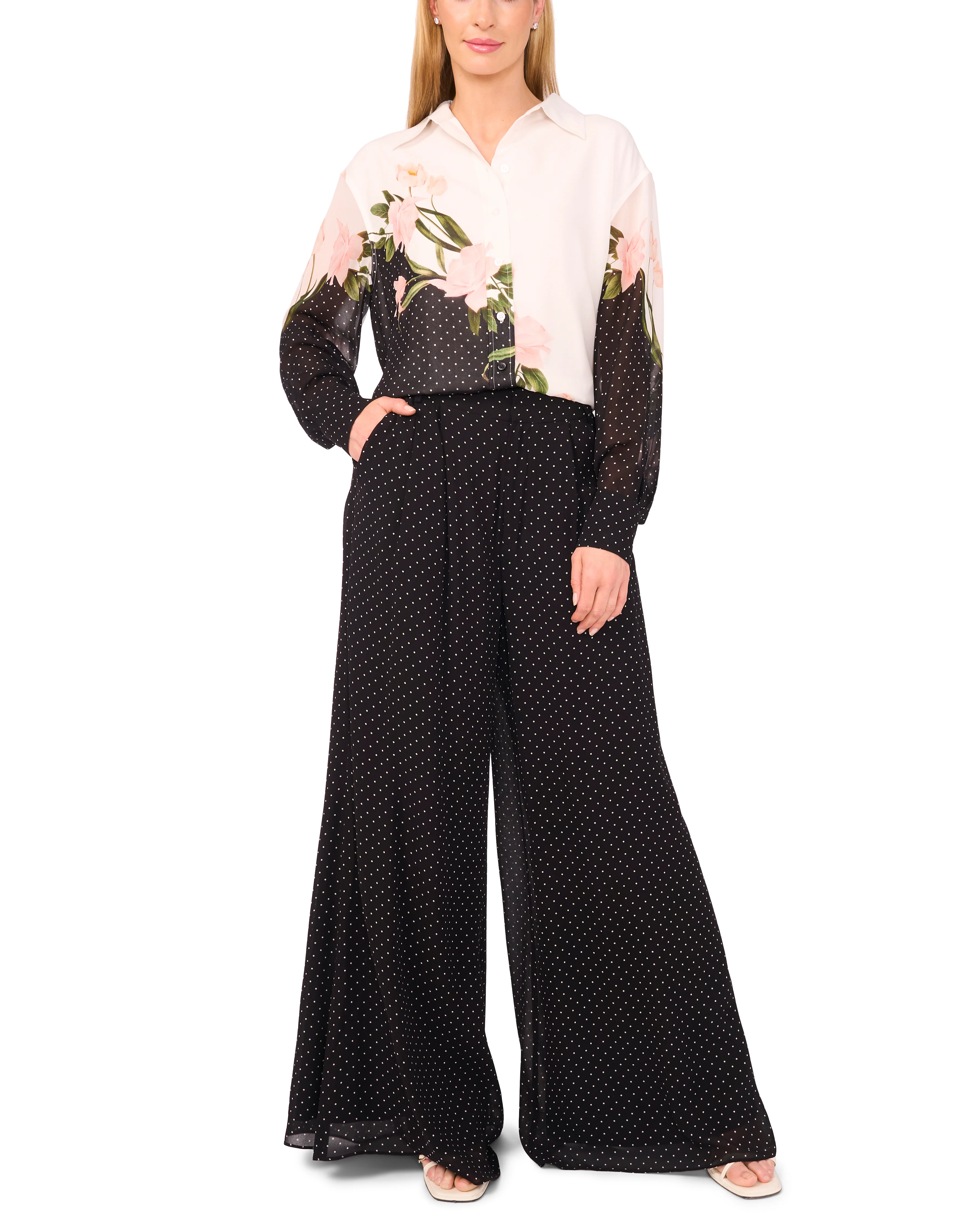 LONG SLEEVE BUTTON UP BLOUSE WITH ENAMEL | WHITE - Image 2