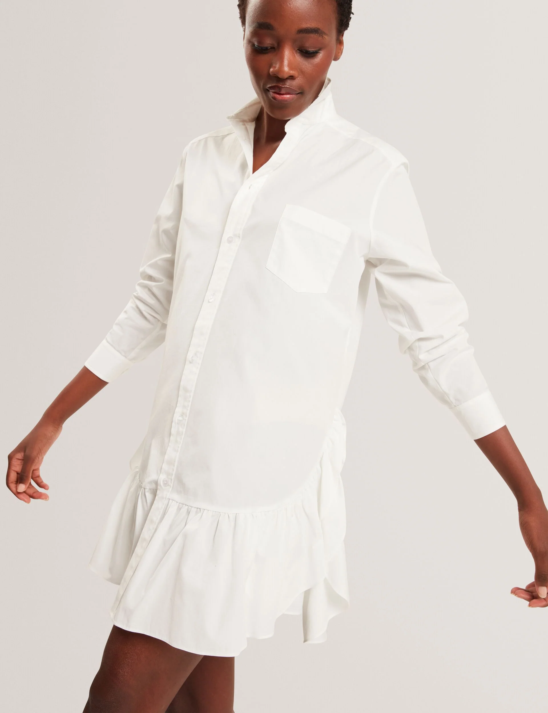 LONG SLEEVE RUFFLE SHIRT DRESS | WHITE - Image 6