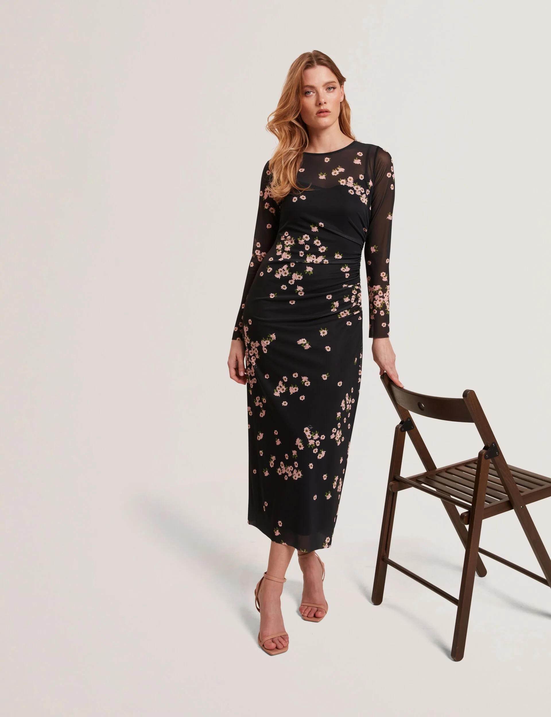 MESH PRINTED COLUMN DRESS | BLACK - Image 6