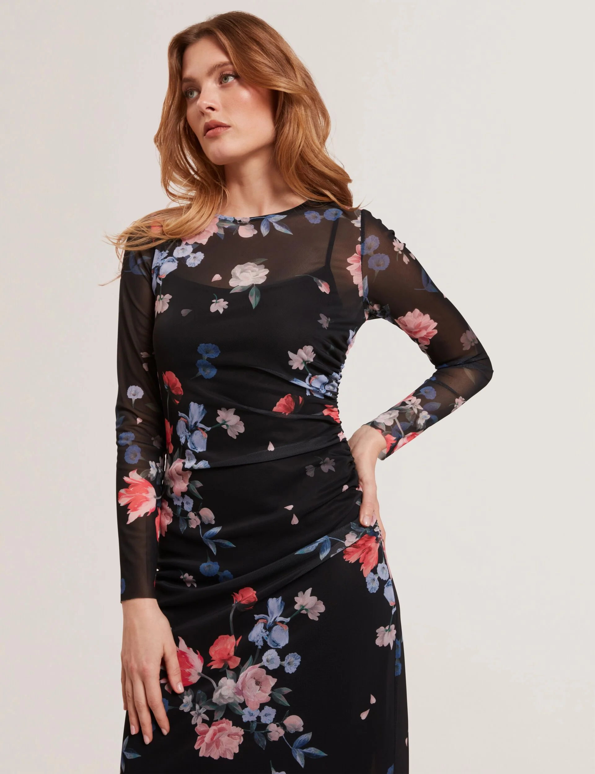 MESH PRINTED COLUMN DRESS | BLACK - Image 5
