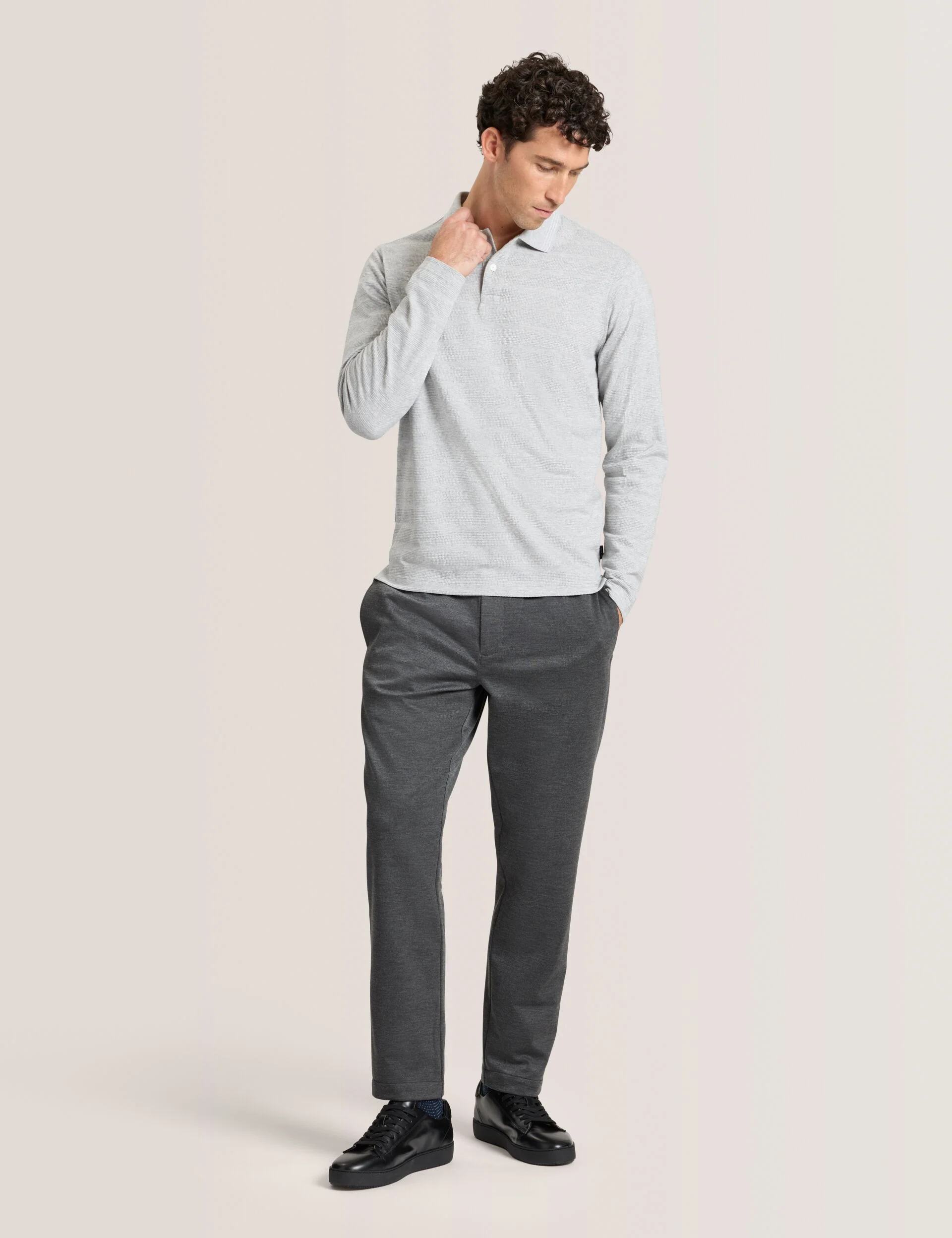 POPCORN STRIPE LONG SLEEVE POLO | GREY - Image 2
