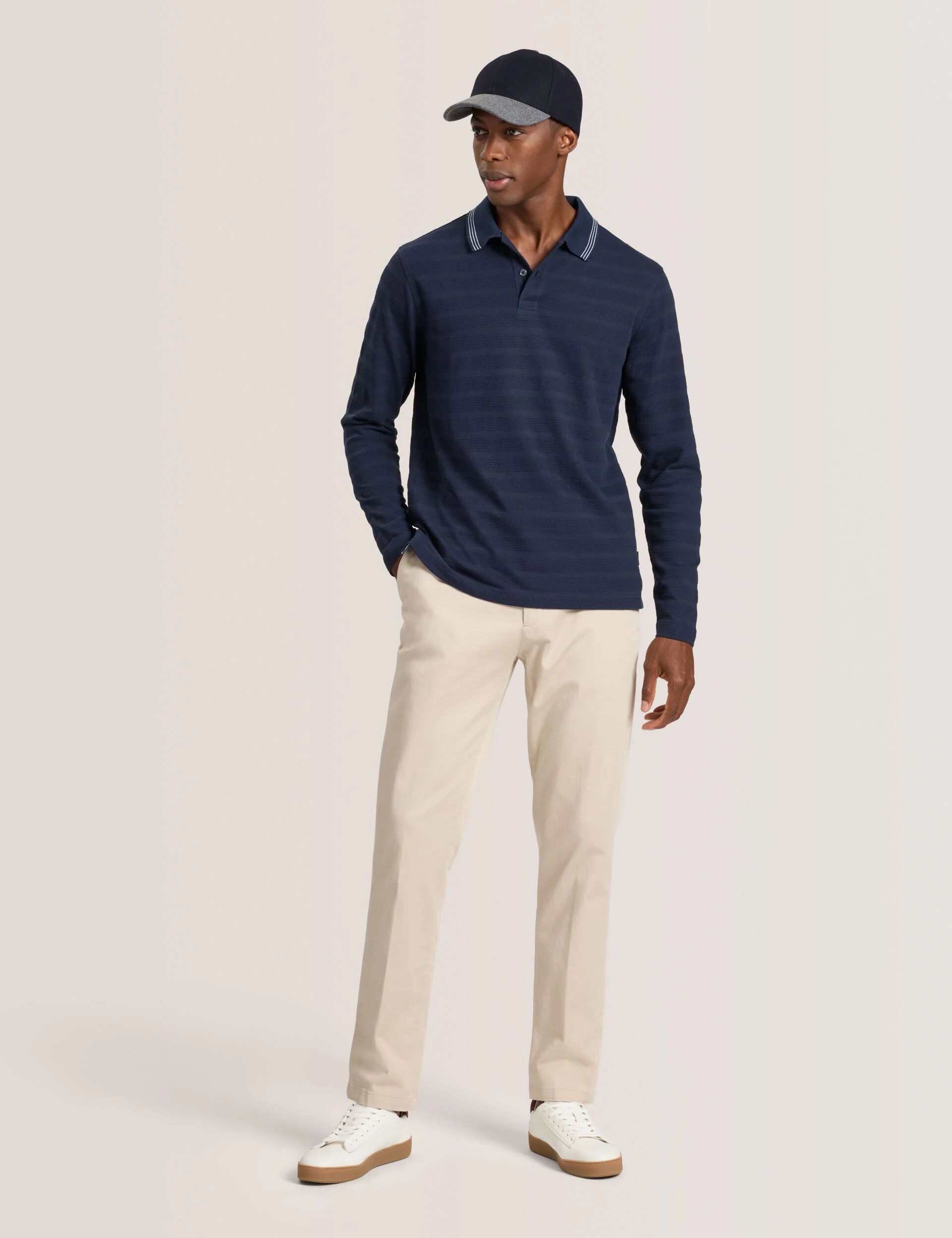 POPCORN STRIPE LONG SLEEVE POLO | NAVY - Image 2