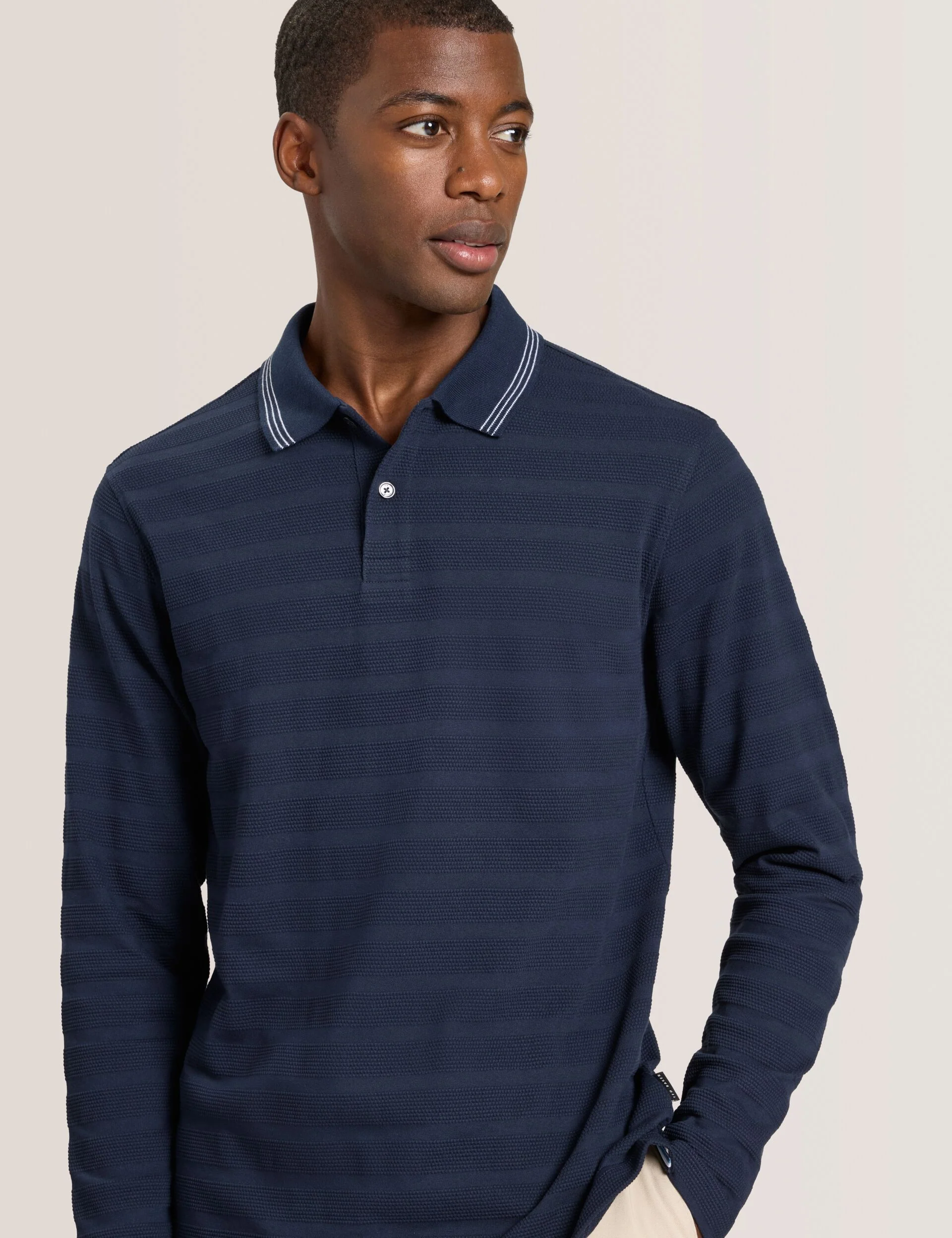 POPCORN STRIPE LONG SLEEVE POLO | NAVY - Image 4