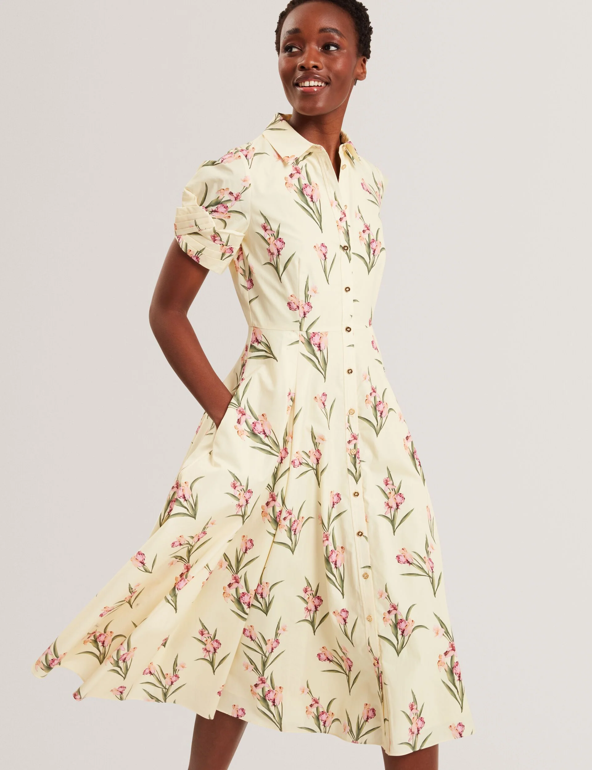 BALLOON SHORT SLEEVE BUTTON UP SHIRT DRESS | YELLOW - Image 4
