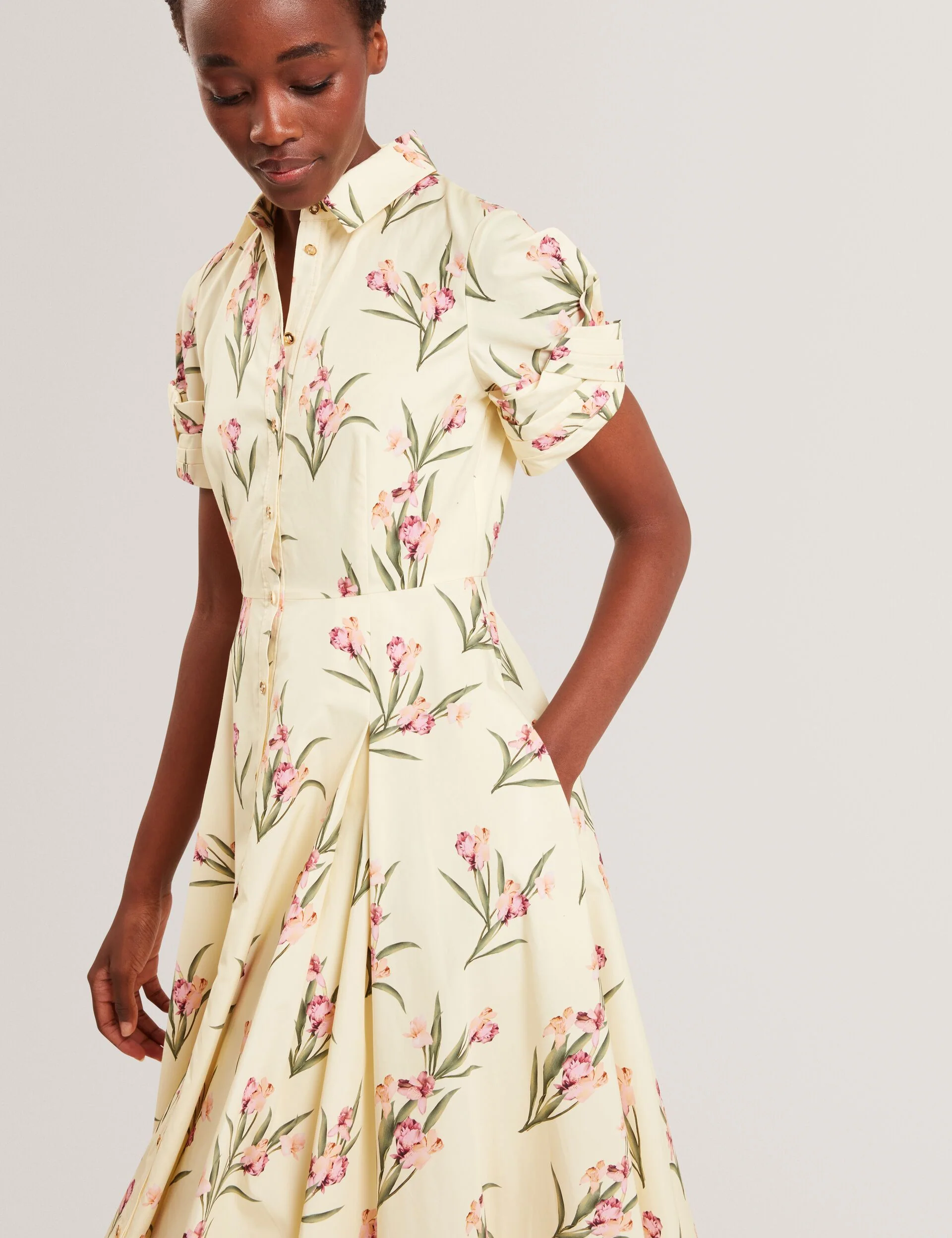 BALLOON SHORT SLEEVE BUTTON UP SHIRT DRESS | YELLOW - Image 6