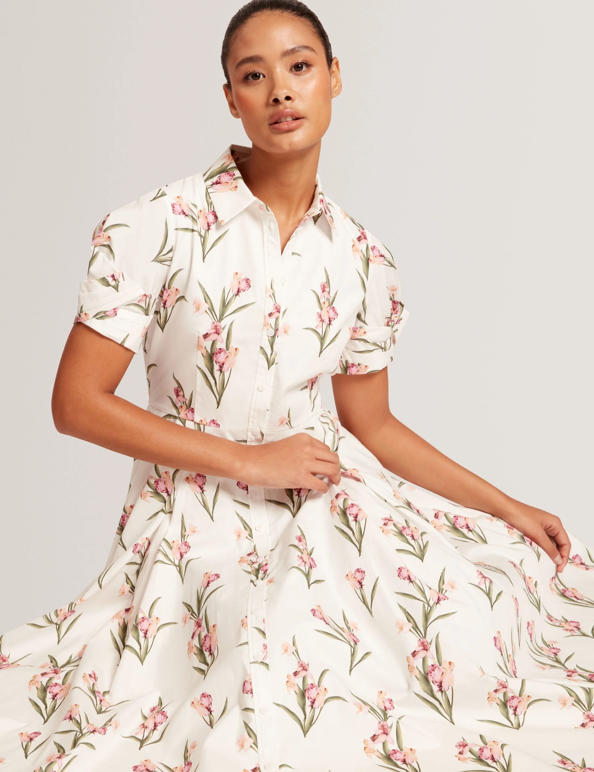 BALLOON SHORT SLEEVE BUTTON UP SHIRT DRESS | WHITE - Image 4