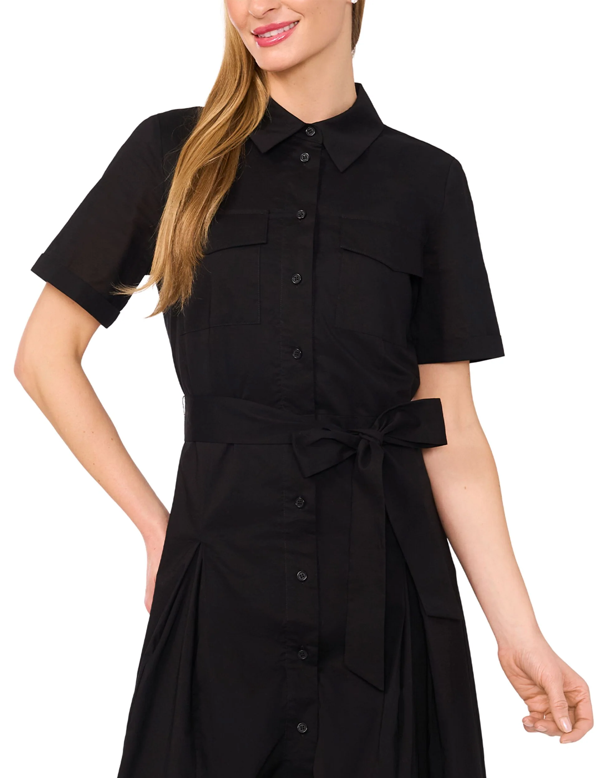 SHIRT DRESS WITH SELF BELT | BLACK - Image 2
