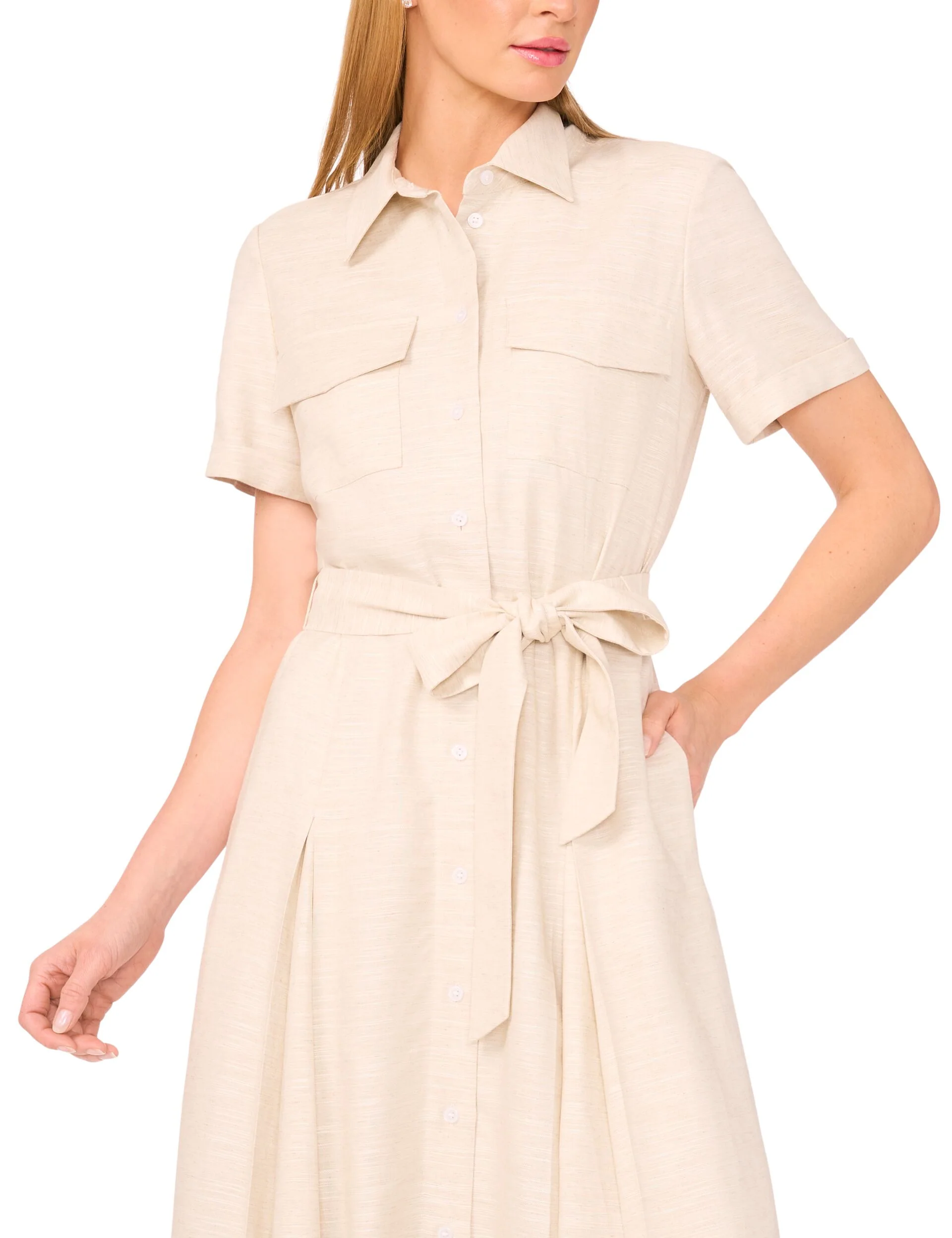 SHIRT DRESS WITH SELF BELT | TAUPE - Image 2