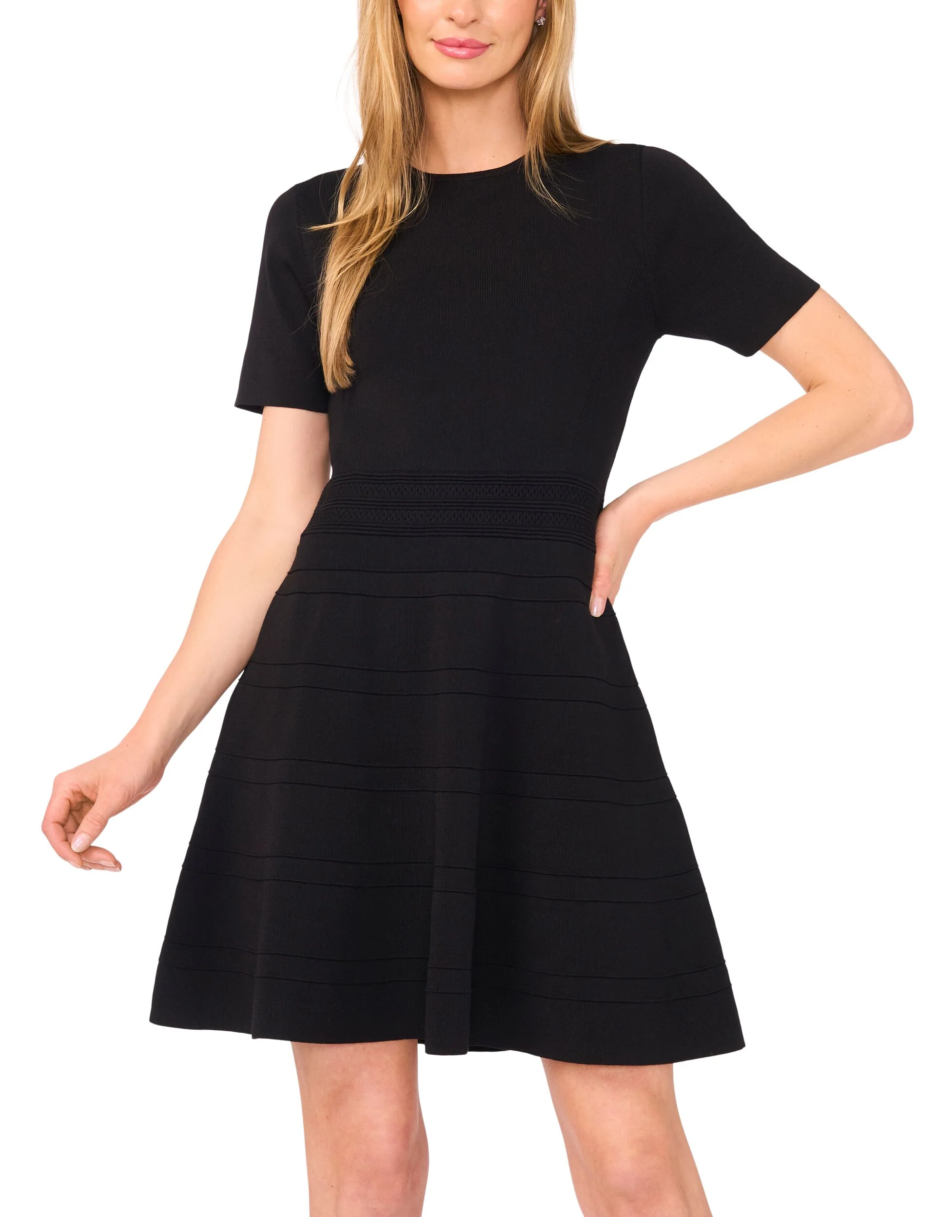 SHORT SLEEVE CREW NECK FLARE MINI DRESS | BLACK - Image 2