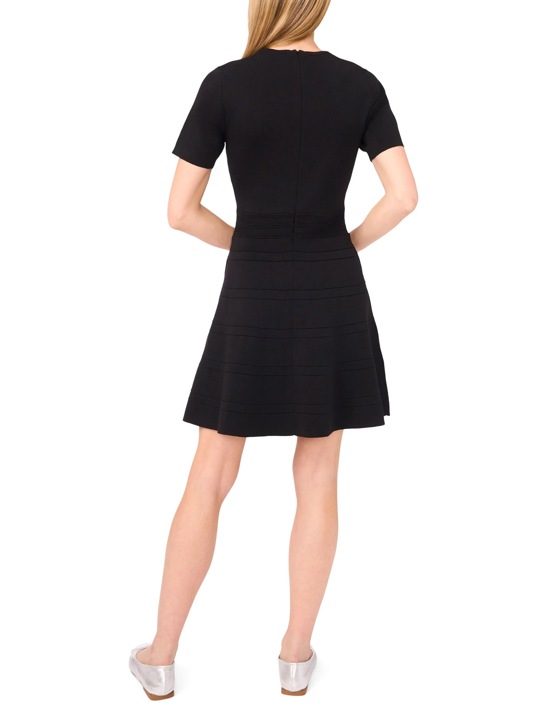 SHORT SLEEVE CREW NECK FLARE MINI DRESS | BLACK - Image 4