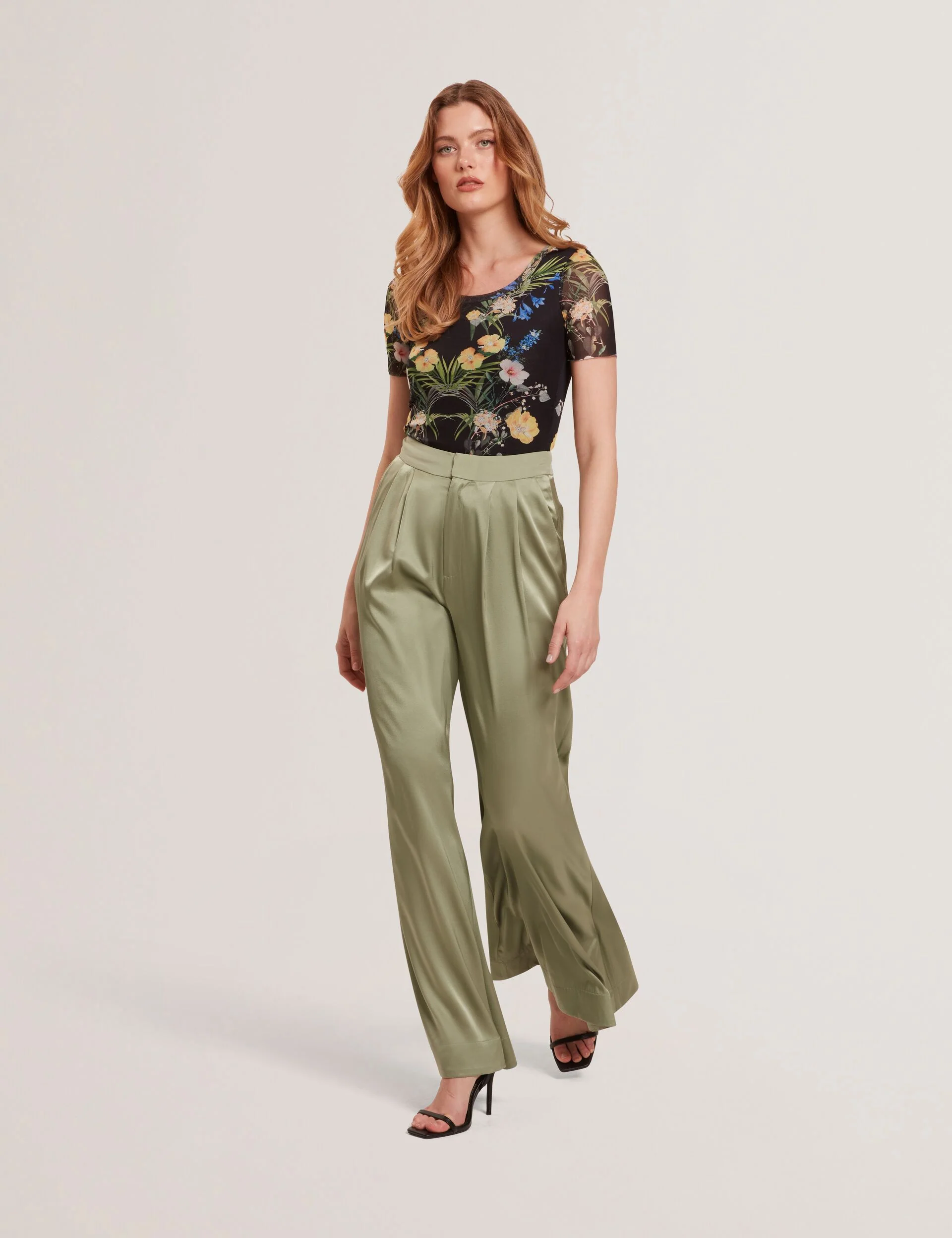 SILK WIDE LEG BELTED TUCK PANT | KHAKI - Image 2