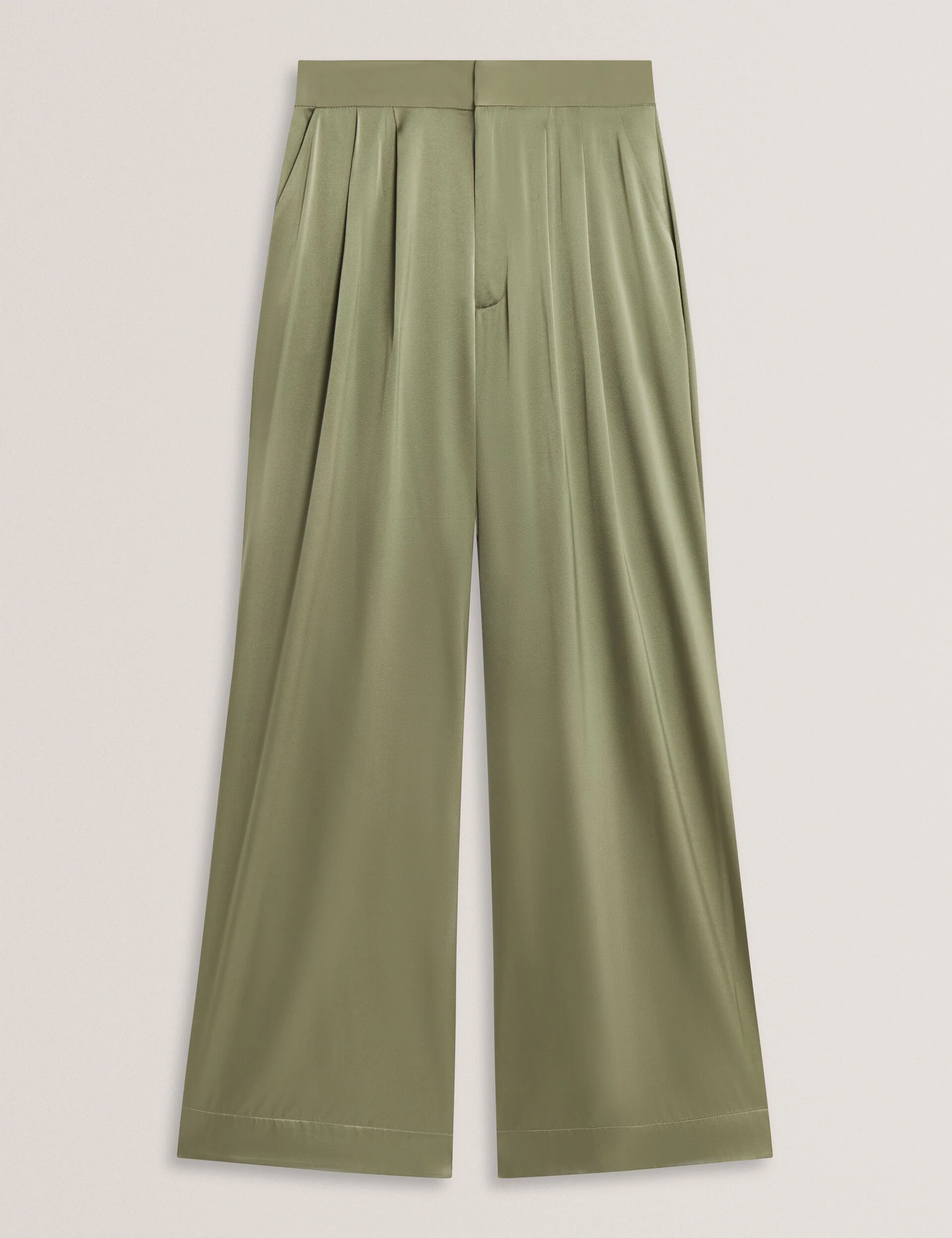 SILK WIDE LEG BELTED TUCK PANT | KHAKI - Image 8