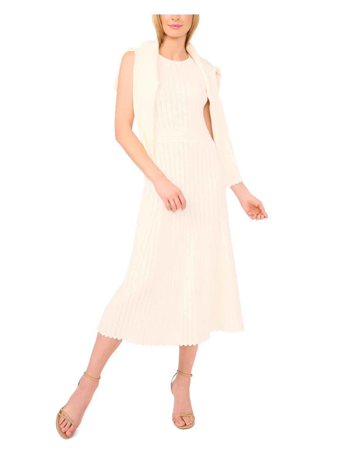 SLEEVELESS POINTELLE & RIB MIDI DRESS | IVORY - Image 2