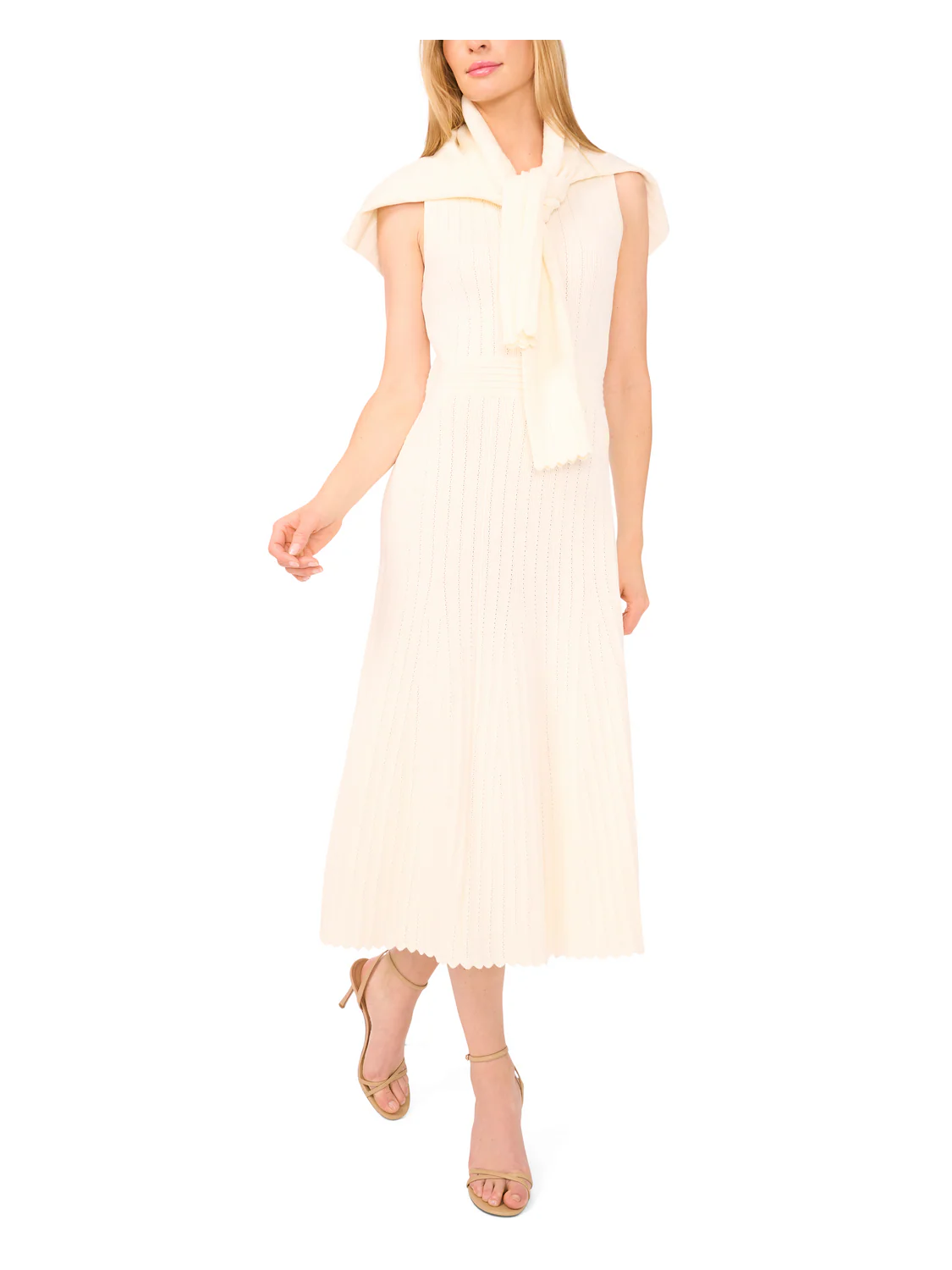 SLEEVELESS POINTELLE & RIB MIDI DRESS | IVORY - Image 3