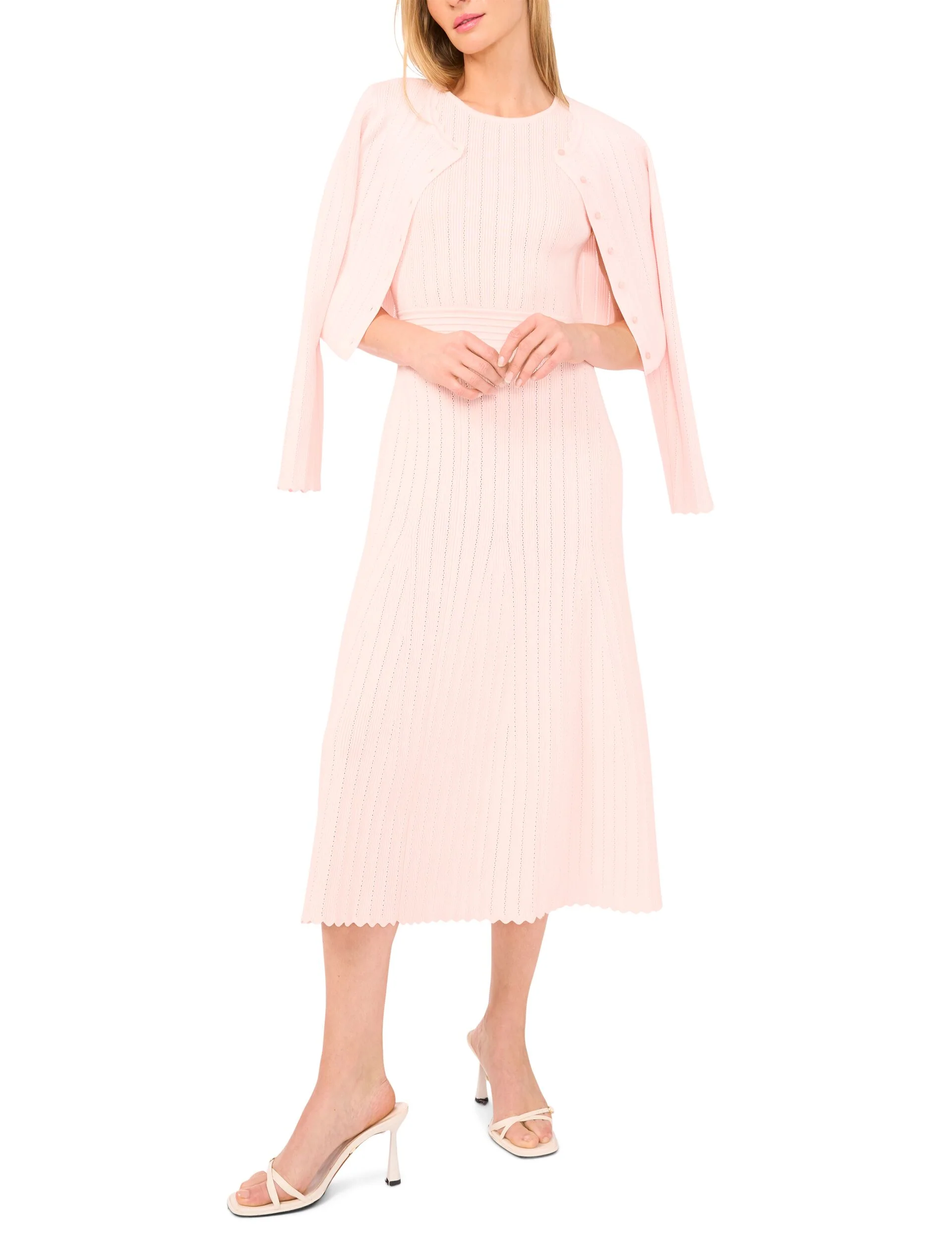 SLEEVELESS POINTELLE & RIB MIDI DRESS | PALE PINK - Image 3