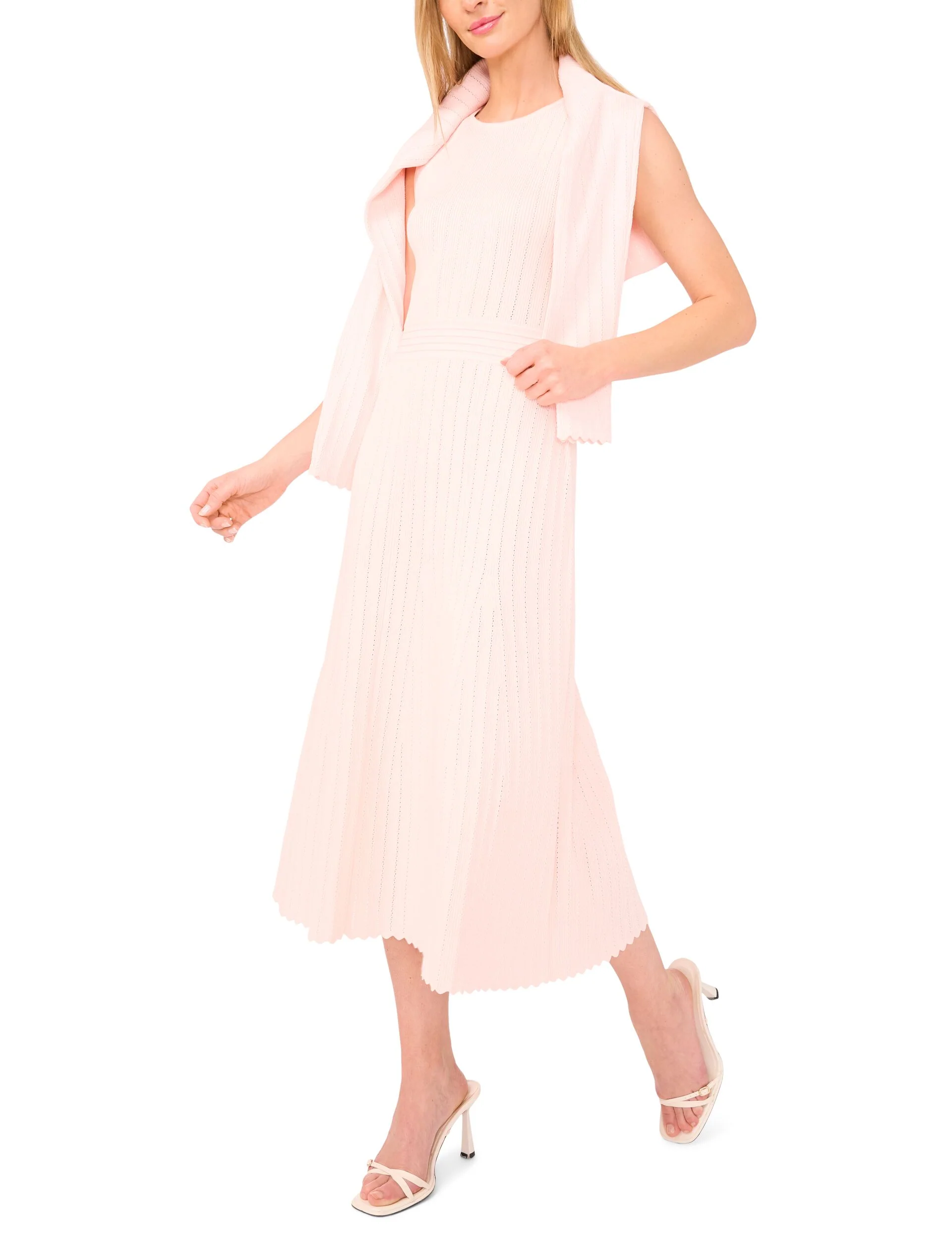 SLEEVELESS POINTELLE & RIB MIDI DRESS | PALE PINK - Image 6