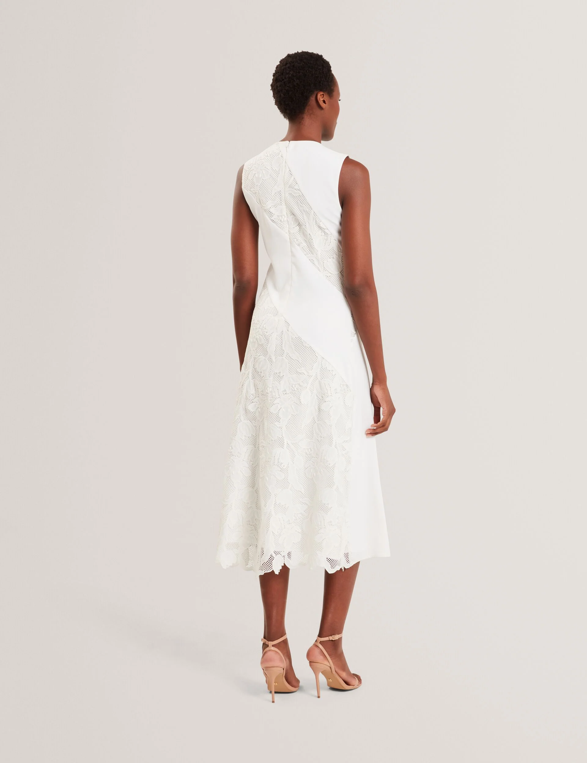 SLEEVELESS LACE APPLIQUE MIDI DRESS | WHITE - Image 5