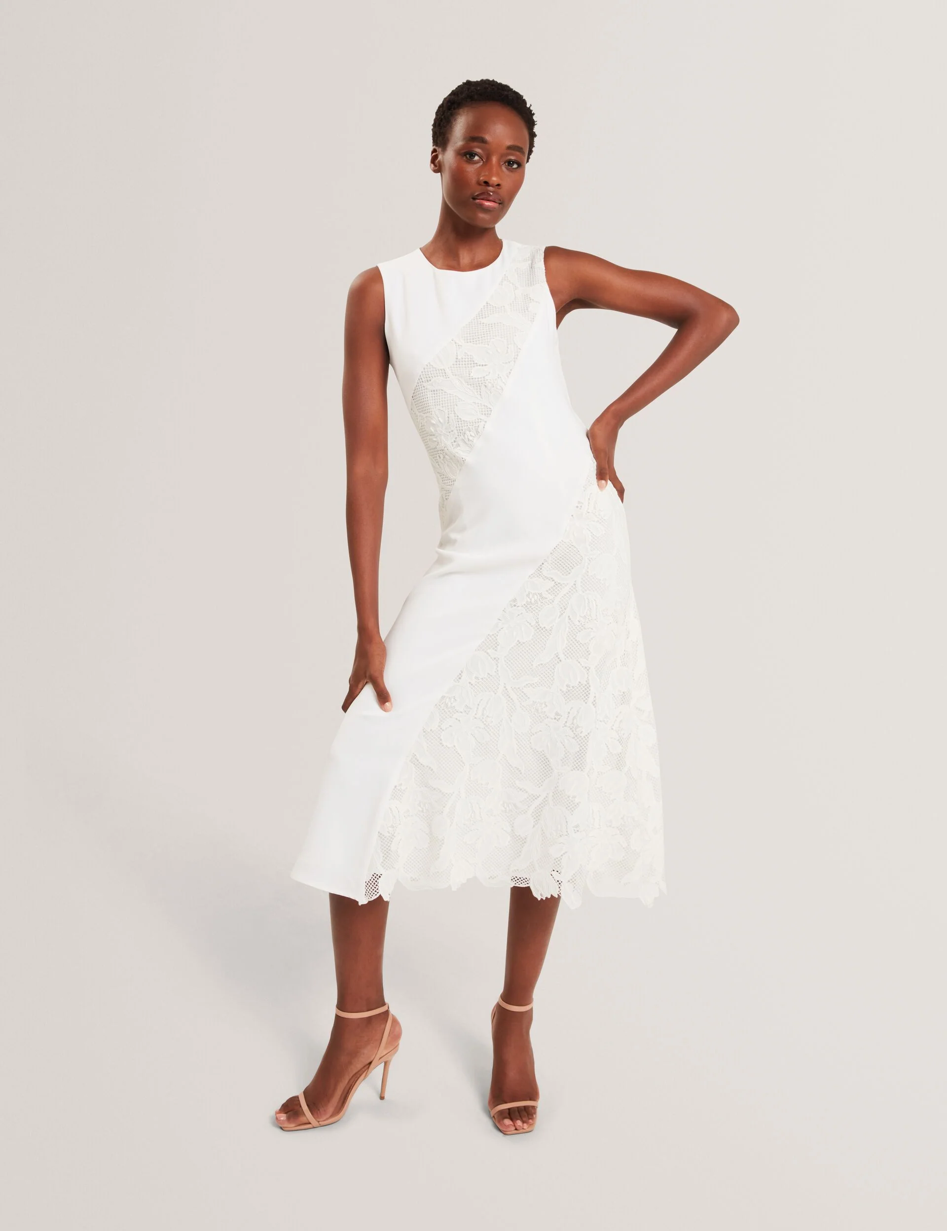 SLEEVELESS LACE APPLIQUE MIDI DRESS | WHITE - Image 7