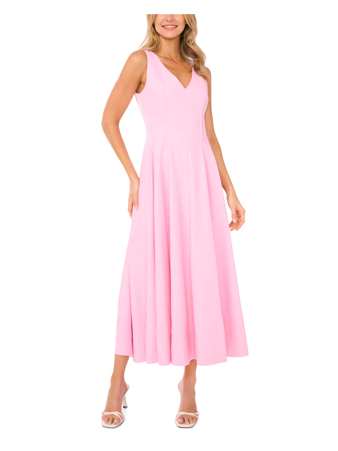 SLEEVELESS V NECK PLEATED MAXI DRESS | LIGHT PINK - Image 2