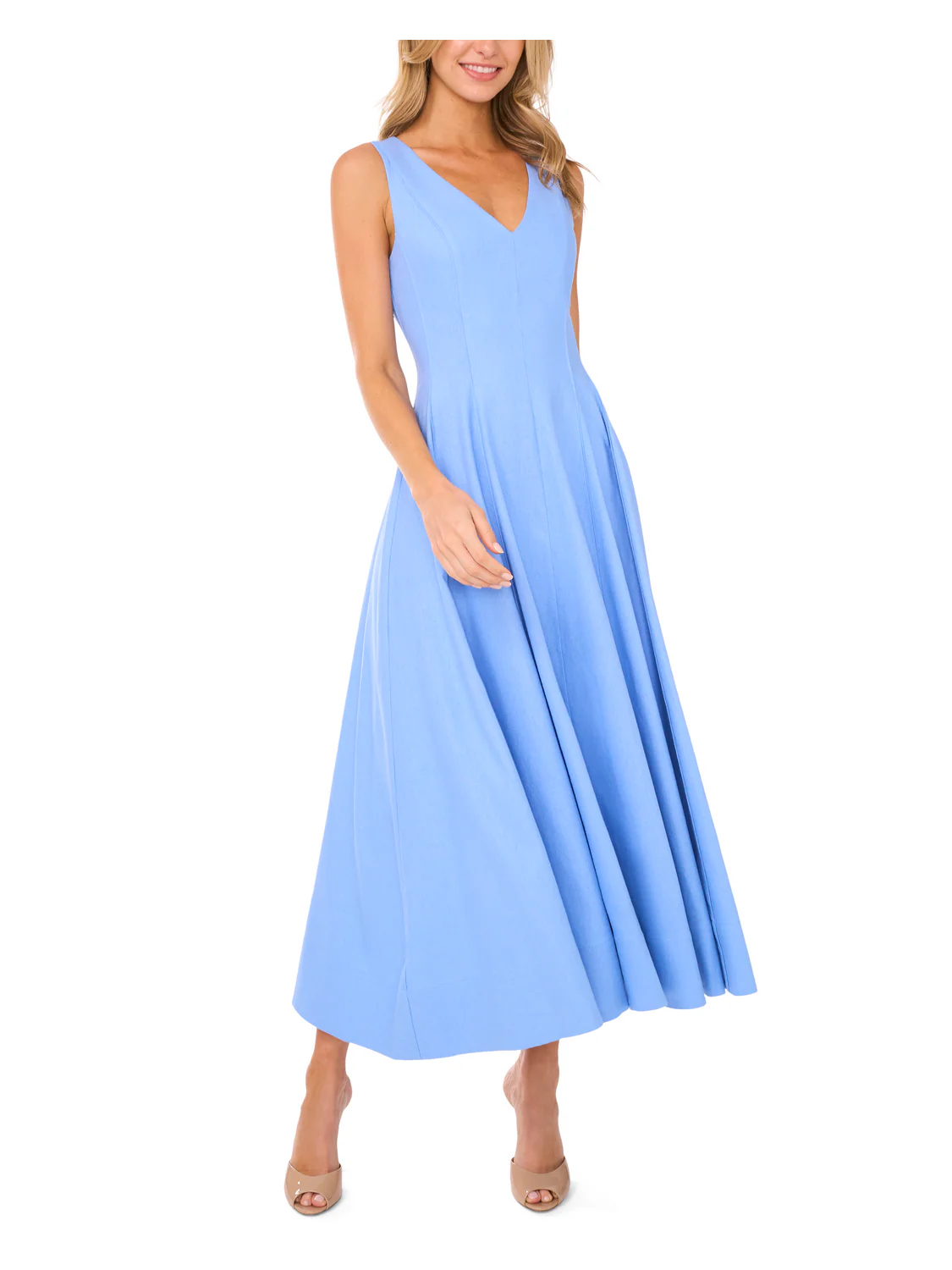SLEEVELESS V NECK PLEATED MAXI DRESS | MID BLUE - Image 2