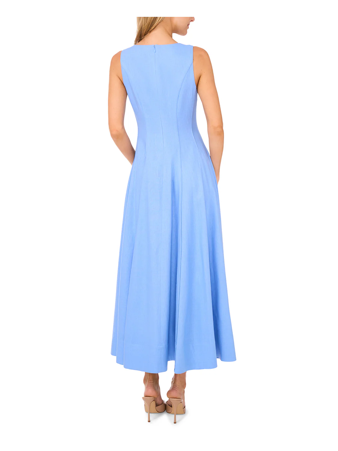 SLEEVELESS V NECK PLEATED MAXI DRESS | MID BLUE - Image 5