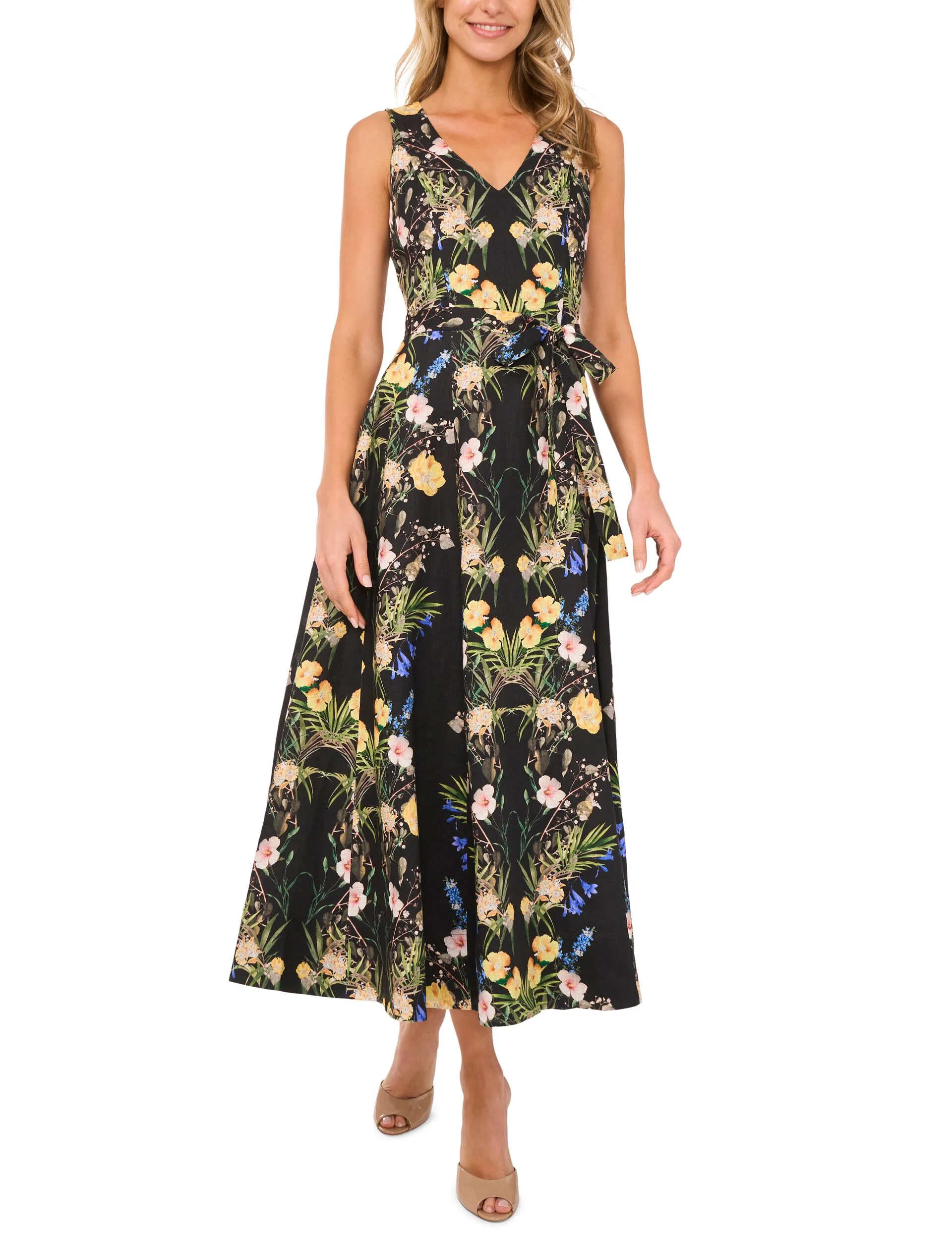 SLEEVELESS FLORAL V NECK MAXI DRESS | BLACK - Image 4