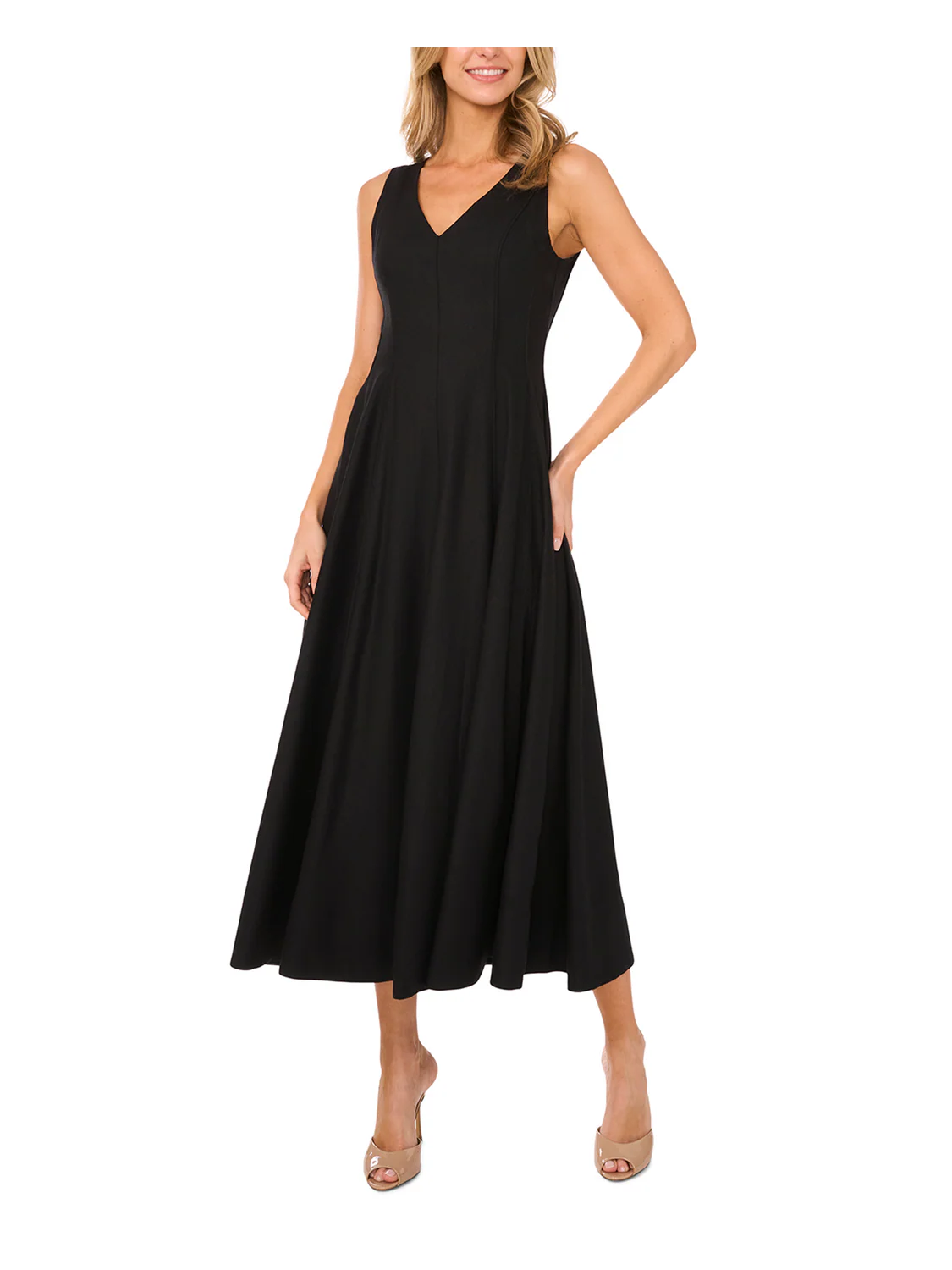 SLEEVELESS V-NECK PLEATED MAXI DRESS | BLACK - Image 2