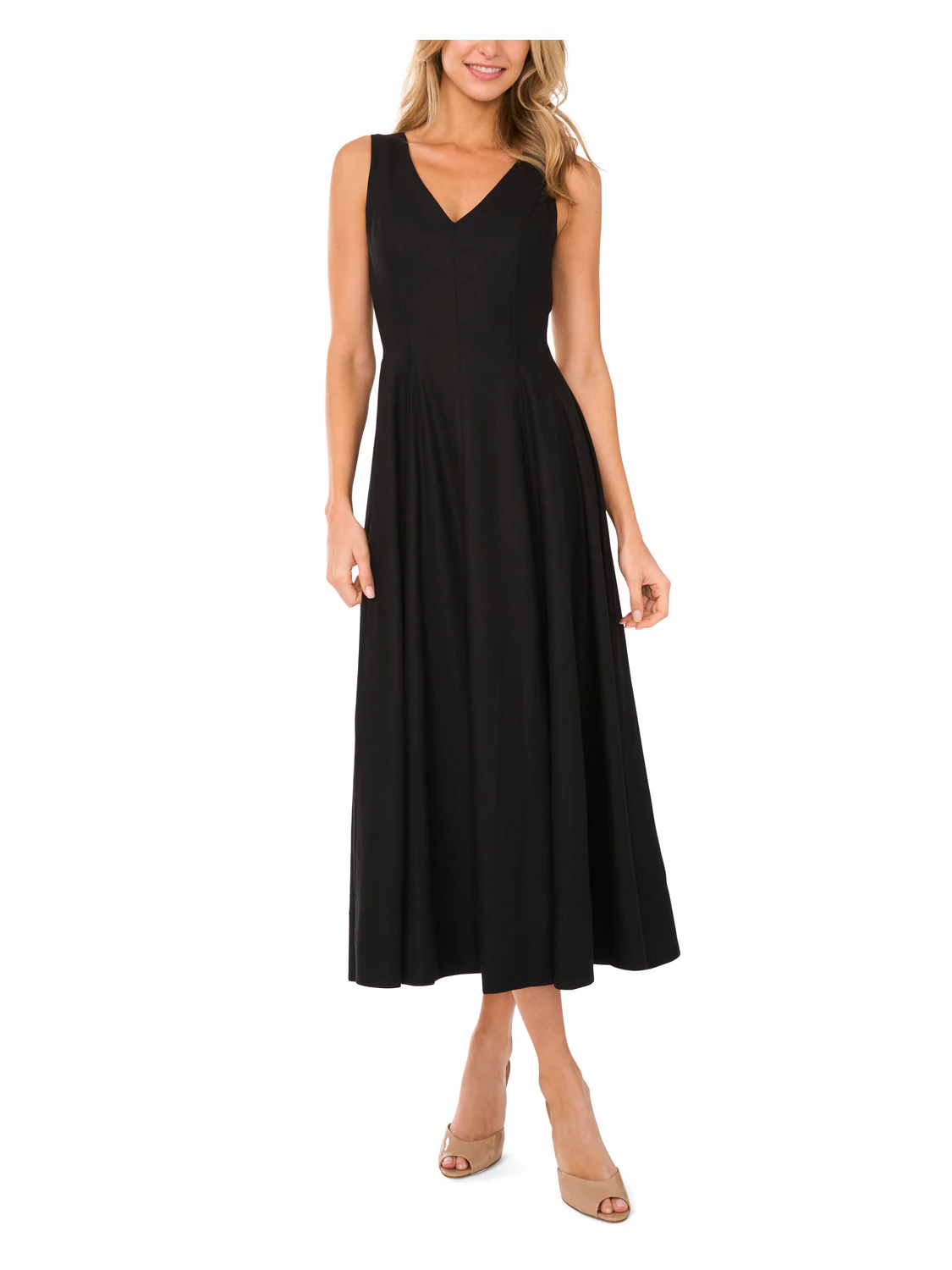 SLEEVELESS V-NECK PLEATED MAXI DRESS | BLACK - Image 3