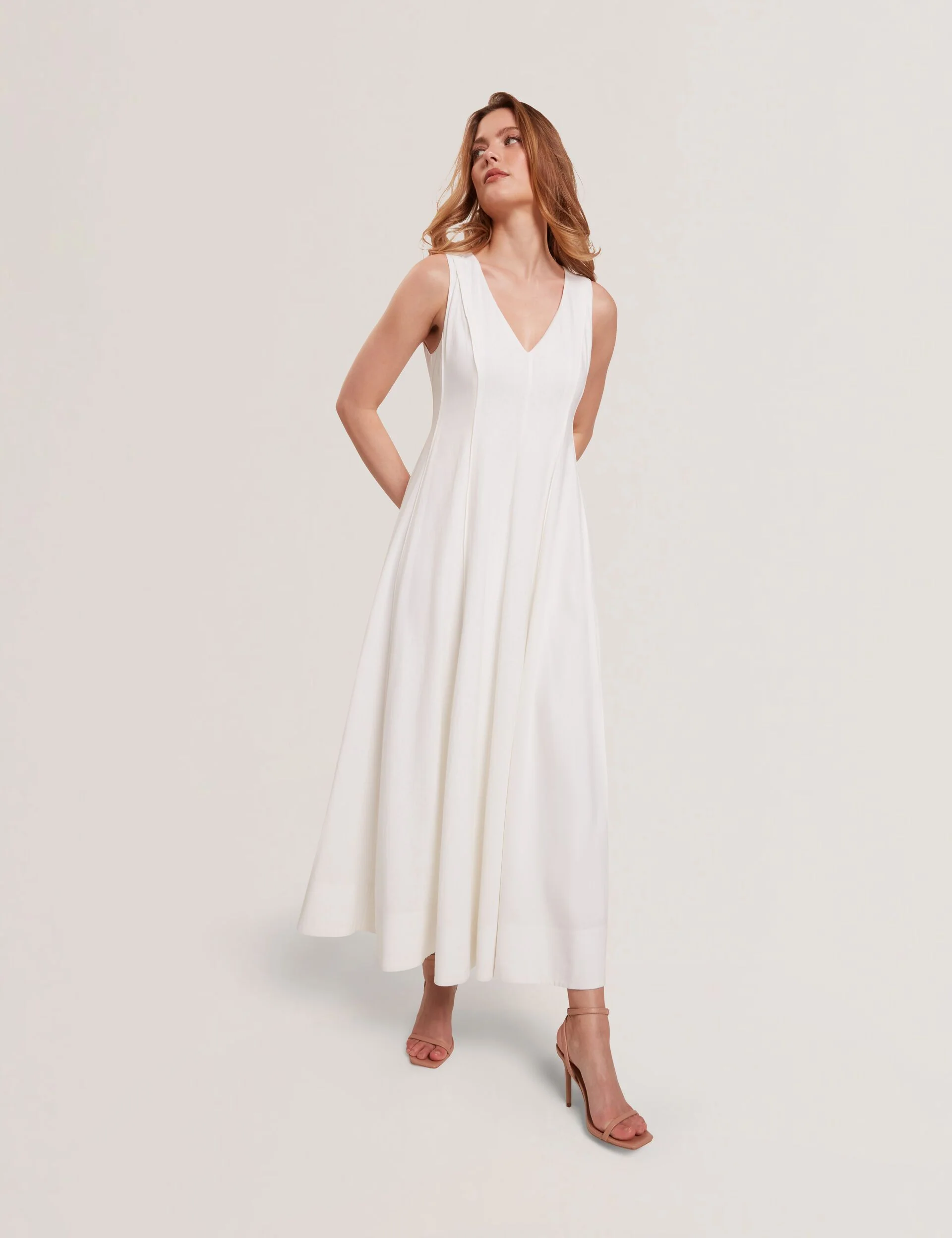 SLEEVELESS V-NECK PLEATED MAXI DRESS | WHITE - Image 5