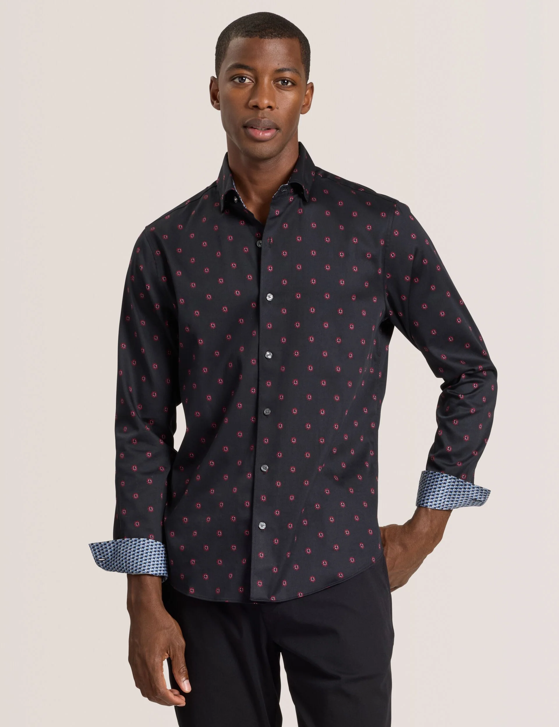 SOREN LONG SLEEVE DAISY PRINT SHIRT | BLACK