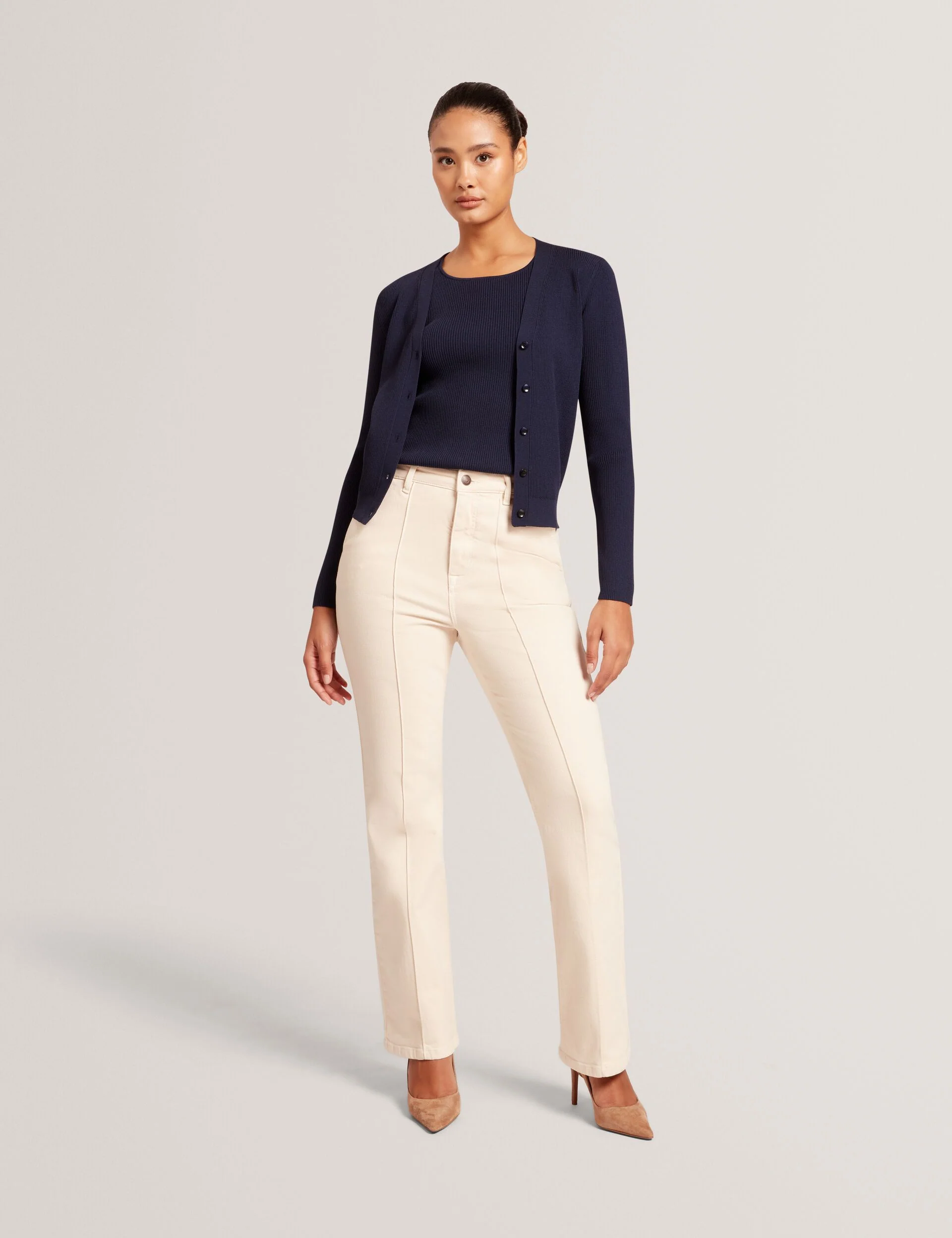 V-NECK CARDIGAN WITH RIB | NAVY - Image 2