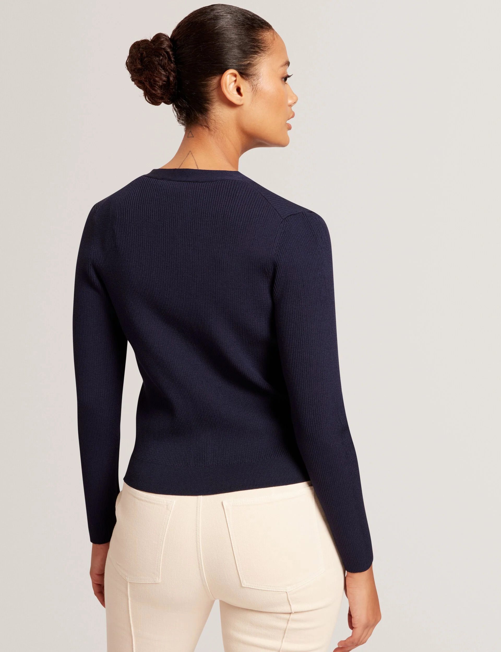 V-NECK CARDIGAN WITH RIB | NAVY - Image 5