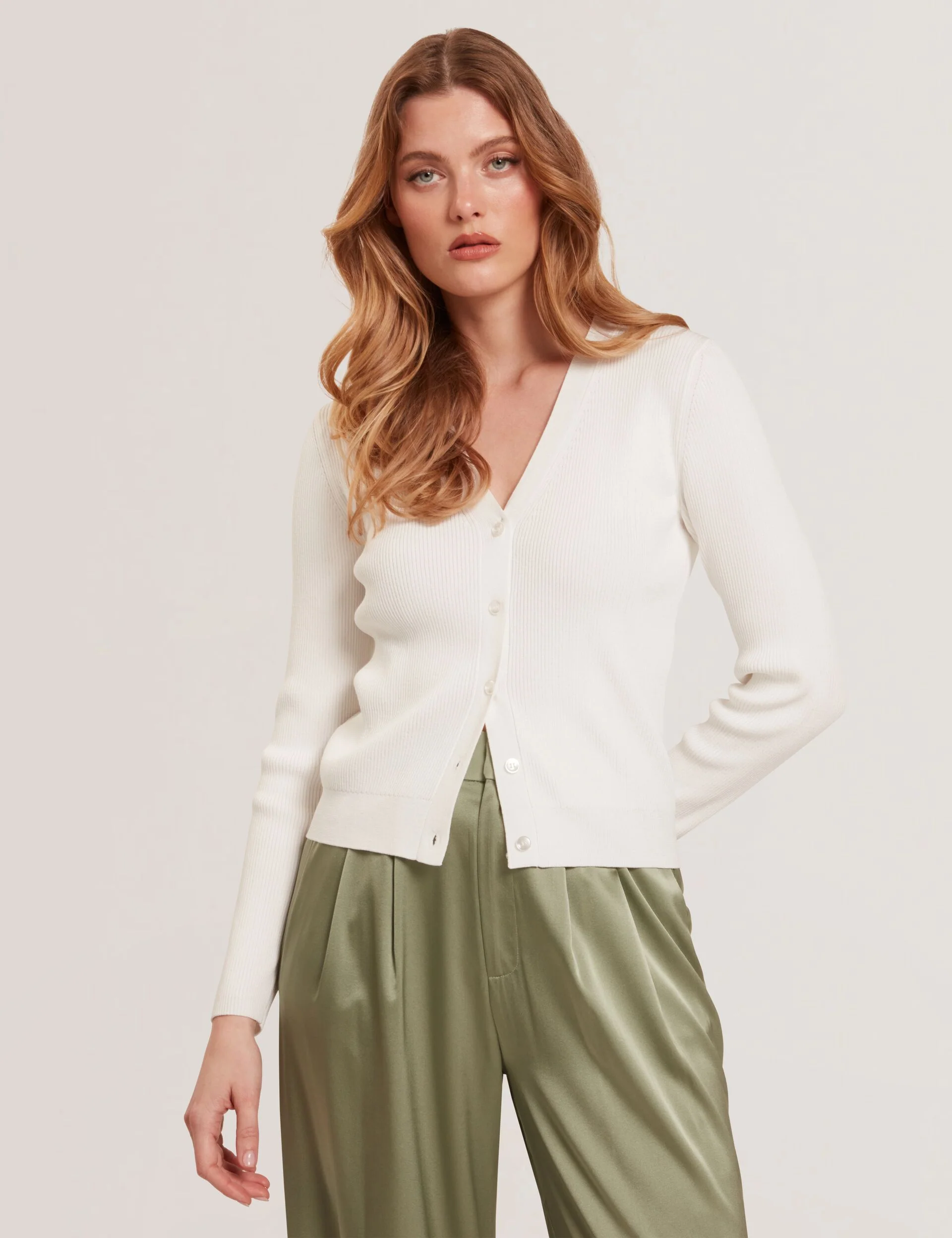V-NECK CARDIGAN WITH RIB | IVORY - Image 2