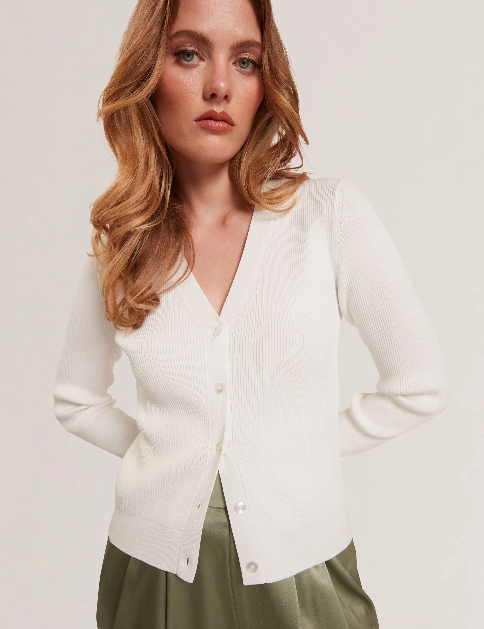 V-NECK CARDIGAN WITH RIB | IVORY - Image 3