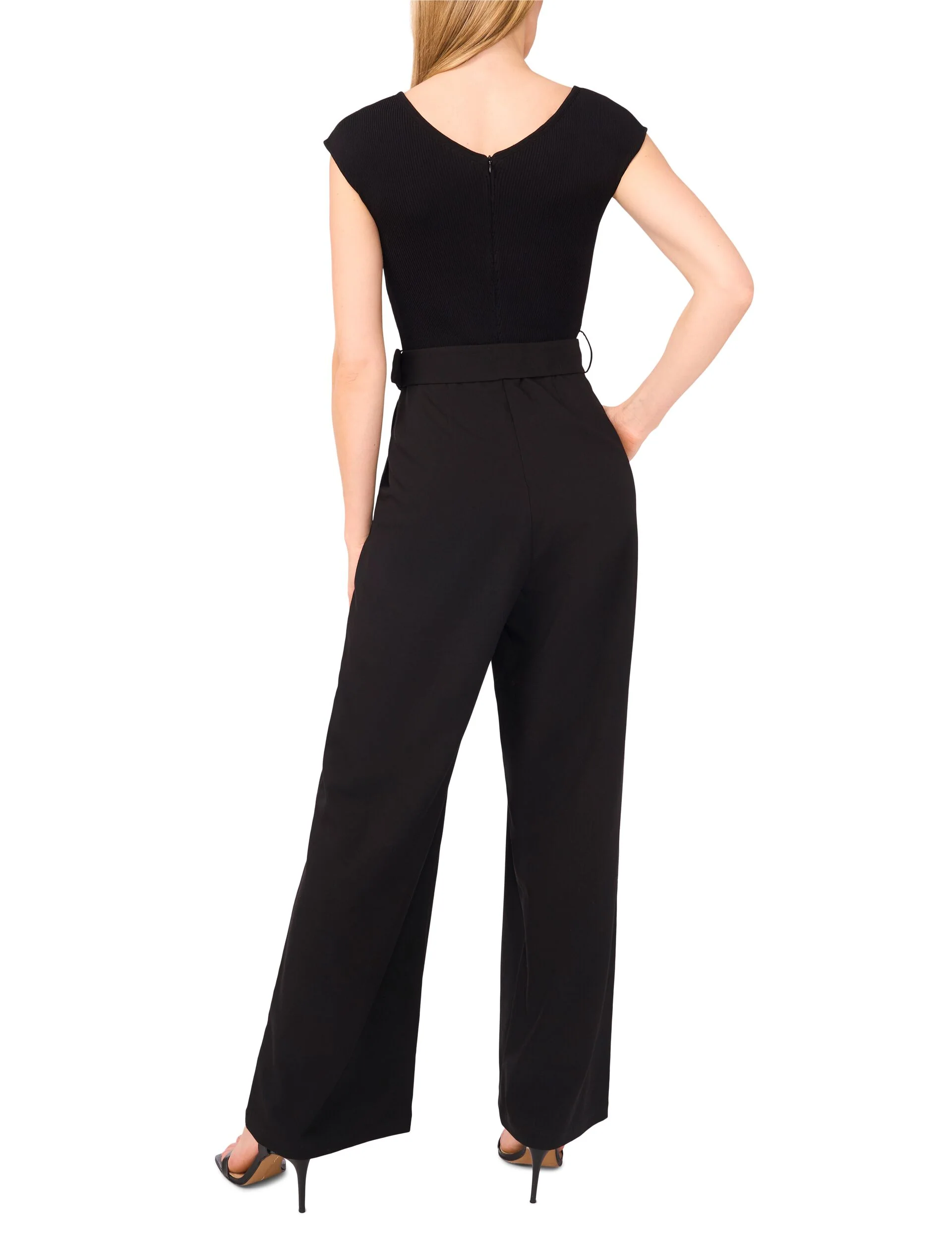 V-NECK JUMPSUIT WITH WOVEN BOTTOM | BLACK - Image 3
